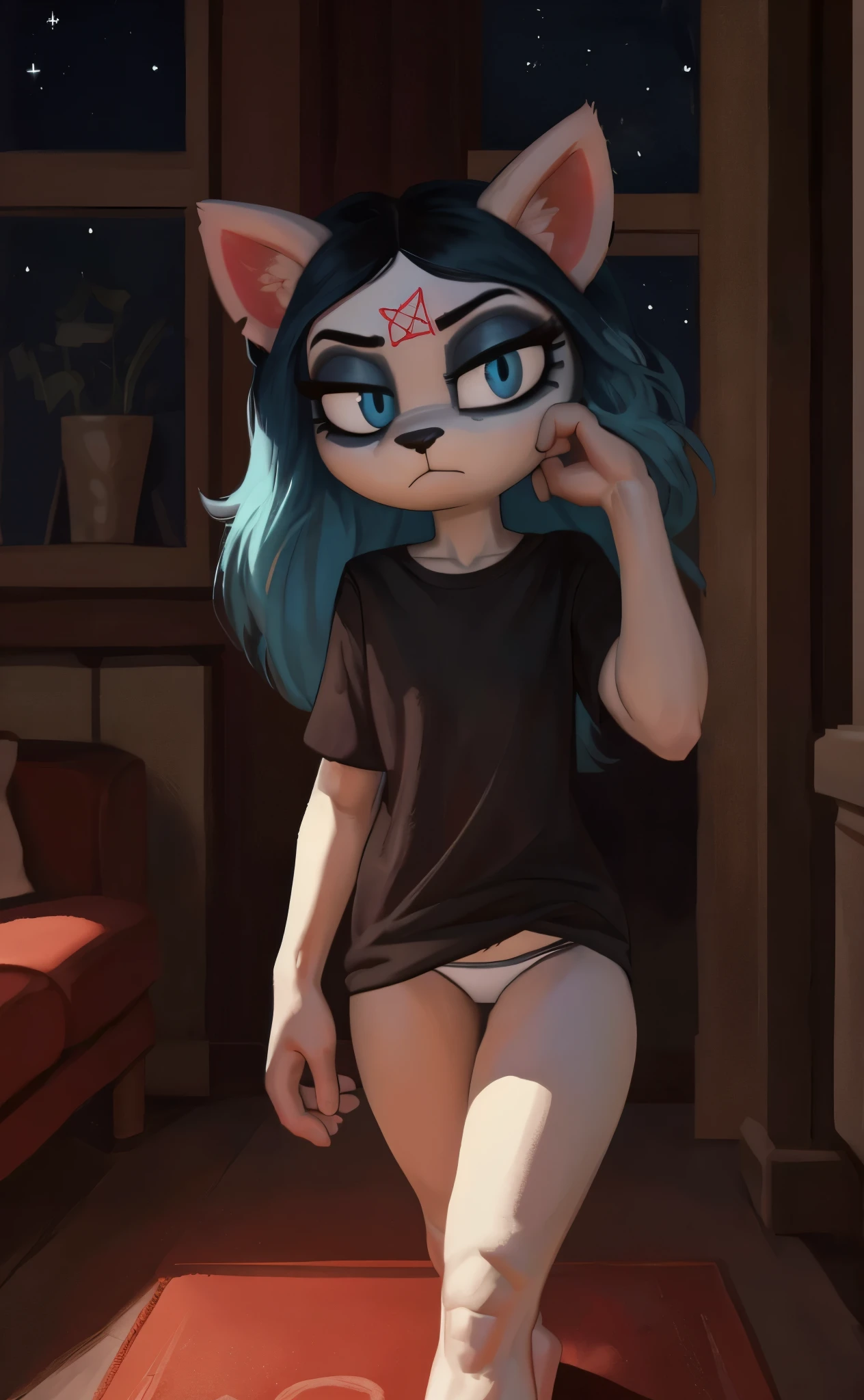 [Claire], [the summoning], [Uploaded to e621.net; (Pixelsketcher), (wamudraws)], ((masterpiece)), ((HD)), ((high res)), ((solo portrait)), ((full body)), ((front view)), ((feet visible)), ((furry; anthro)), ((detailed fur)), ((detailed soft shading)), ((beautiful render art)), {anthro; (slim figure), white fur, black nose, (cat snout), (cat ears), (cut on left ear), long blue hair, (bang over left eye), (pink pentagram on forehead), (cute blue eyes), (half-closed eyes), (short eyelashes), (indigo eyeshadow), (curvy hips), (beautiful legs), (frown), (bored expression)}, {(long black baggy tee shirt), (white panties visible), (pink slippers)}, {(walking), (hand in hair), (looking at viewer)}, [background; (living room), (window), (nighttime), (starry sky), (ambient lighting)]