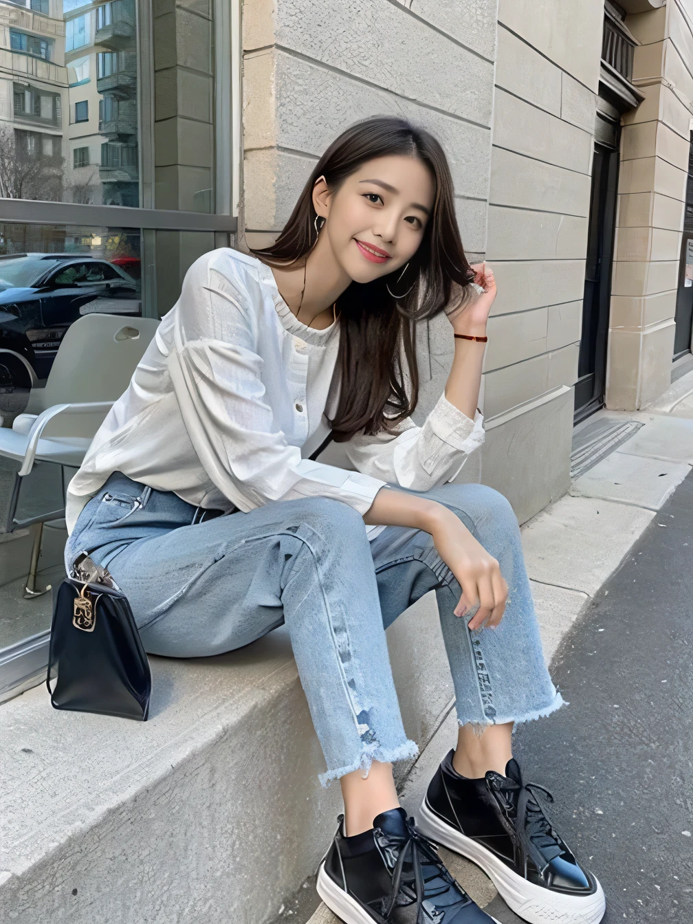 Beauty sitting on a chair、blouse、Black Skinny Denim、sneakers