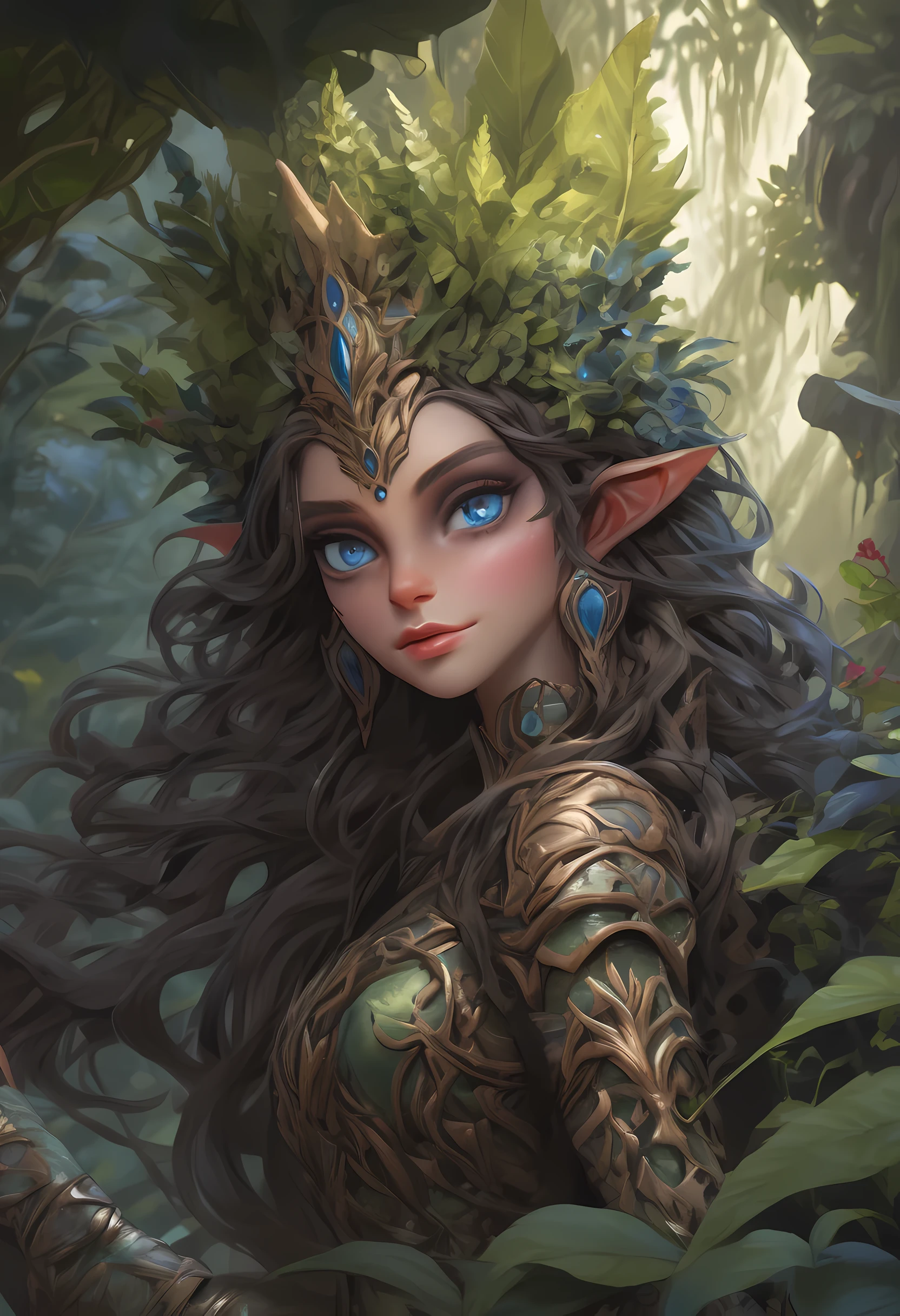 high details, best quality, 16k, [ultra detailed], masterpiece, best quality, (extremely detailed), dynamic angle, ultra wide shot, RAW, photorealistic, fantasy art, realistic art, a female elf druid (intricate details, Masterpiece, best quality: 1.5) in a jungle, a female elf wearing leather clothes intricate details, Masterpiece, best quality: 1.4), leather boots, thick hair, long hair, brown hair, intense blue eyes, vibrant jungle (intense details), plenty of plant life, vines coming from trees, many jungle trees (intricate details, Masterpiece, best quality: ), vines, a river flowing, sun light, dynamic light. dynamic angle, (intricate details, Masterpiece, best quality: 1.5) , 2.5 rendering, high details, best quality, highres, ultra wide angle