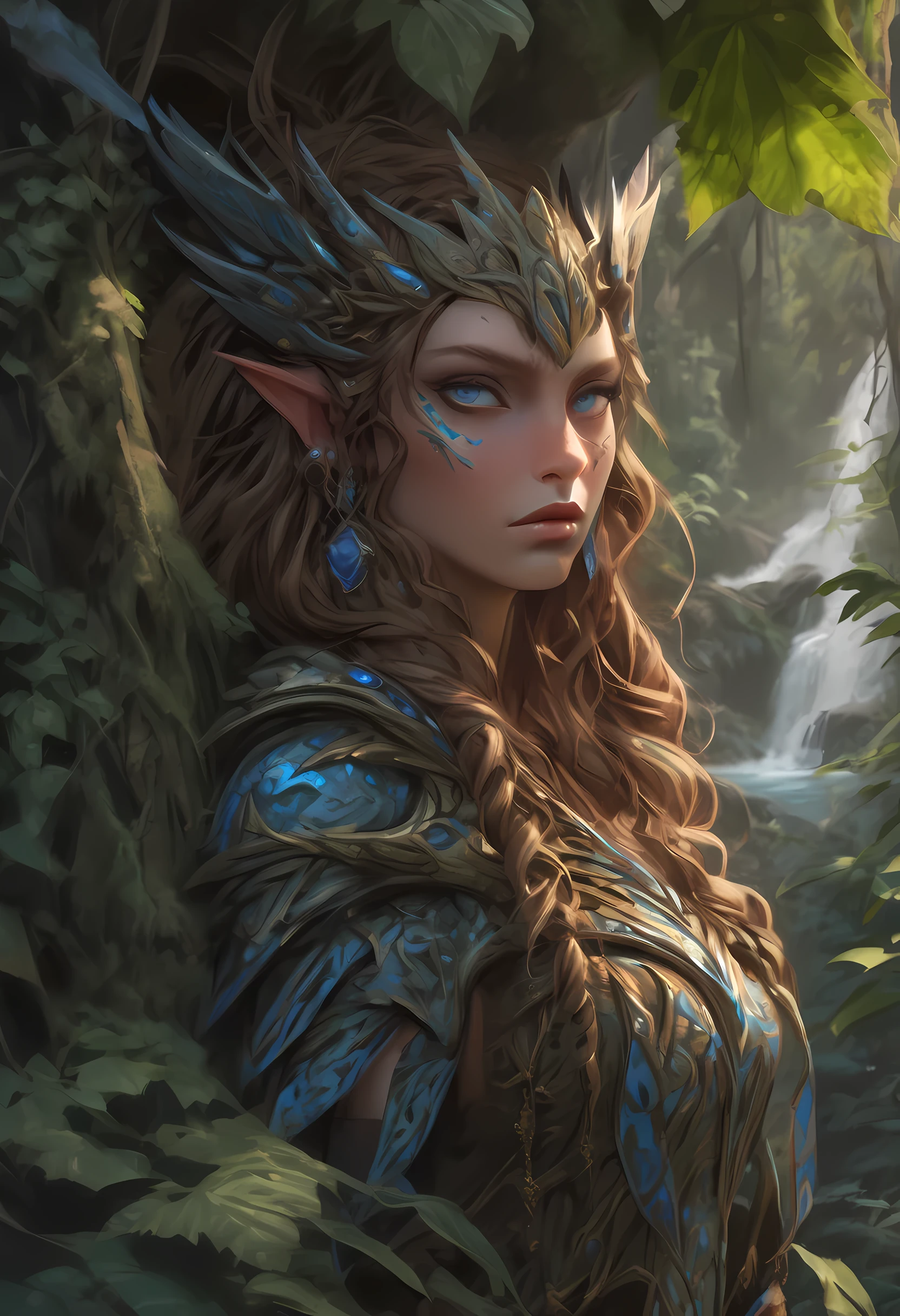 high details, best quality, 16k, [ultra detailed], masterpiece, best quality, (extremely detailed), dynamic angle, ultra wide shot, RAW, photorealistic, fantasy art, realistic art, a female elf druid (intricate details, Masterpiece, best quality: 1.5) in a jungle, a female elf wearing leather clothes intricate details, Masterpiece, best quality: 1.4), leather boots, thick hair, long hair, brown hair, intense blue eyes, vibrant jungle (intense details), plenty of plant life, vines coming from trees, many jungle trees (intricate details, Masterpiece, best quality: ), vines, a river flowing, sun light, dynamic light. dynamic angle, (intricate details, Masterpiece, best quality: 1.5) , 2.5 rendering, high details, best quality, highres, ultra wide angle