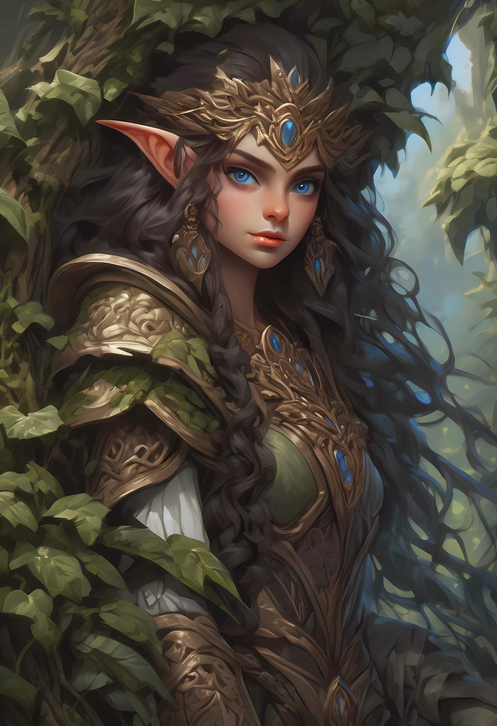 high details, best quality, 16k, [ultra detailed], masterpiece, best quality, (extremely detailed), dynamic angle, ultra wide shot, RAW, photorealistic, fantasy art, realistic art, a female elf druid (intricate details, Masterpiece, best quality: 1.5) in a jungle, a female elf wearing leather clothes intricate details, Masterpiece, best quality: 1.4), leather boots, thick hair, long hair, brown hair, intense blue eyes, vibrant jungle (intense details), plenty of plant life, vines coming from trees, many jungle trees (intricate details, Masterpiece, best quality: ), vines, a river flowing, sun light, dynamic light. dynamic angle, (intricate details, Masterpiece, best quality: 1.5) , 2.5 rendering, high details, best quality, highres, ultra wide angle