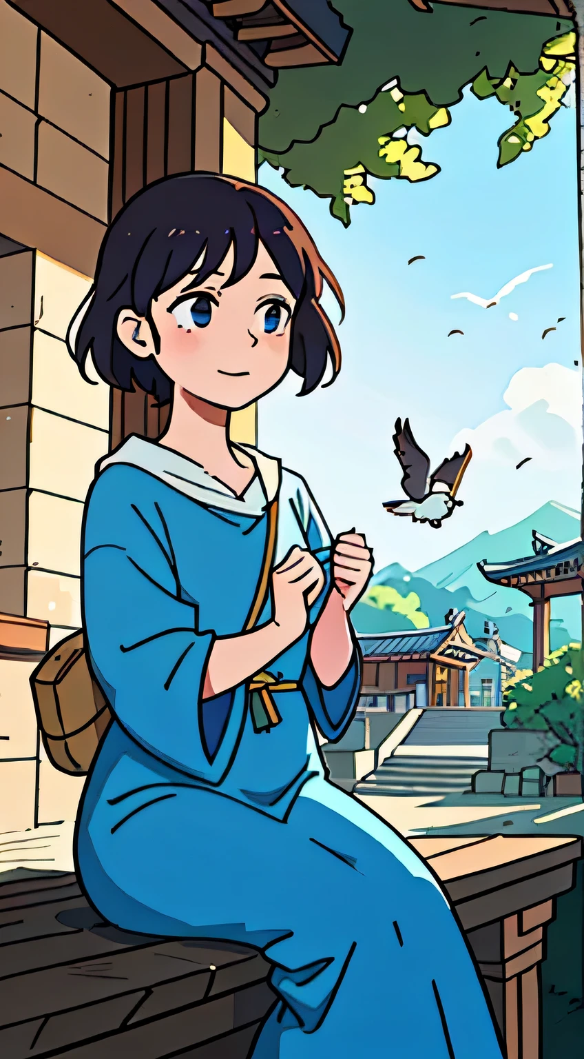 Sayudef with a full body, sitting on the stairs of an old temple in the village, radiates a warm smile that brings a gentle blush to her cheeks. The sun bathes her in natural daytime light, casting a simple background of blue sky and moody shadows around her. Her short, messy hair is playfully disheveled by the soft breeze. She looks up at the audience with a curious and inviting expression, inviting us to join her in this moment of peace and tranquility. The atmosphere is filled with the serene beauty of the village, the quiet rustling of leaves, and the gentle sound of birds chirping in the distance. The sky above is vast and seemingly endless,