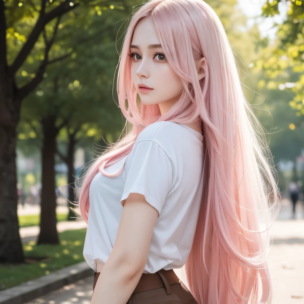 High quality, Ultra detailed, best quality, insanely detailed, beautiful, masterpiece,Very detailed,(Beautiful pink hair, Beautiful eyes, Long Hair, )、Hair swaying in the wind、20-year-old、office、shirt、Short length、Pencil Skirt、Full Body、Natural pose、