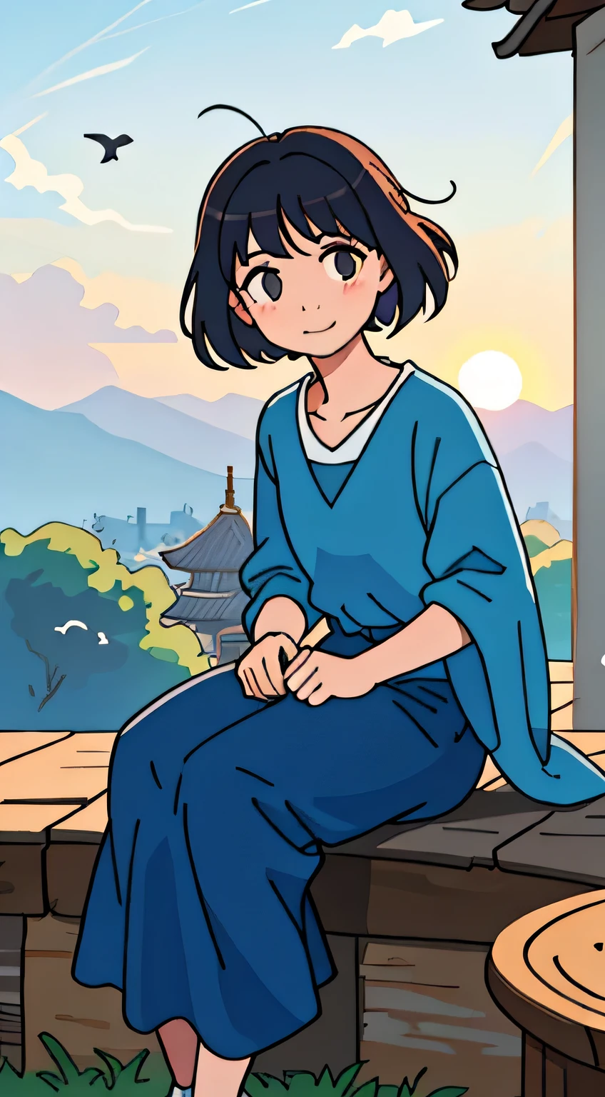 Sayudef with a full body, sitting on the stairs of an old temple in the village, radiates a warm smile that brings a gentle blush to her cheeks. The sun bathes her in natural daytime light, casting a simple background of blue sky and moody shadows around her. Her short, messy hair is playfully disheveled by the soft breeze. She looks up at the audience with a curious and inviting expression, inviting us to join her in this moment of peace and tranquility. The atmosphere is filled with the serene beauty of the village, the quiet rustling of leaves, and the gentle sound of birds chirping in the distance. The sky above is vast and seemingly endless,