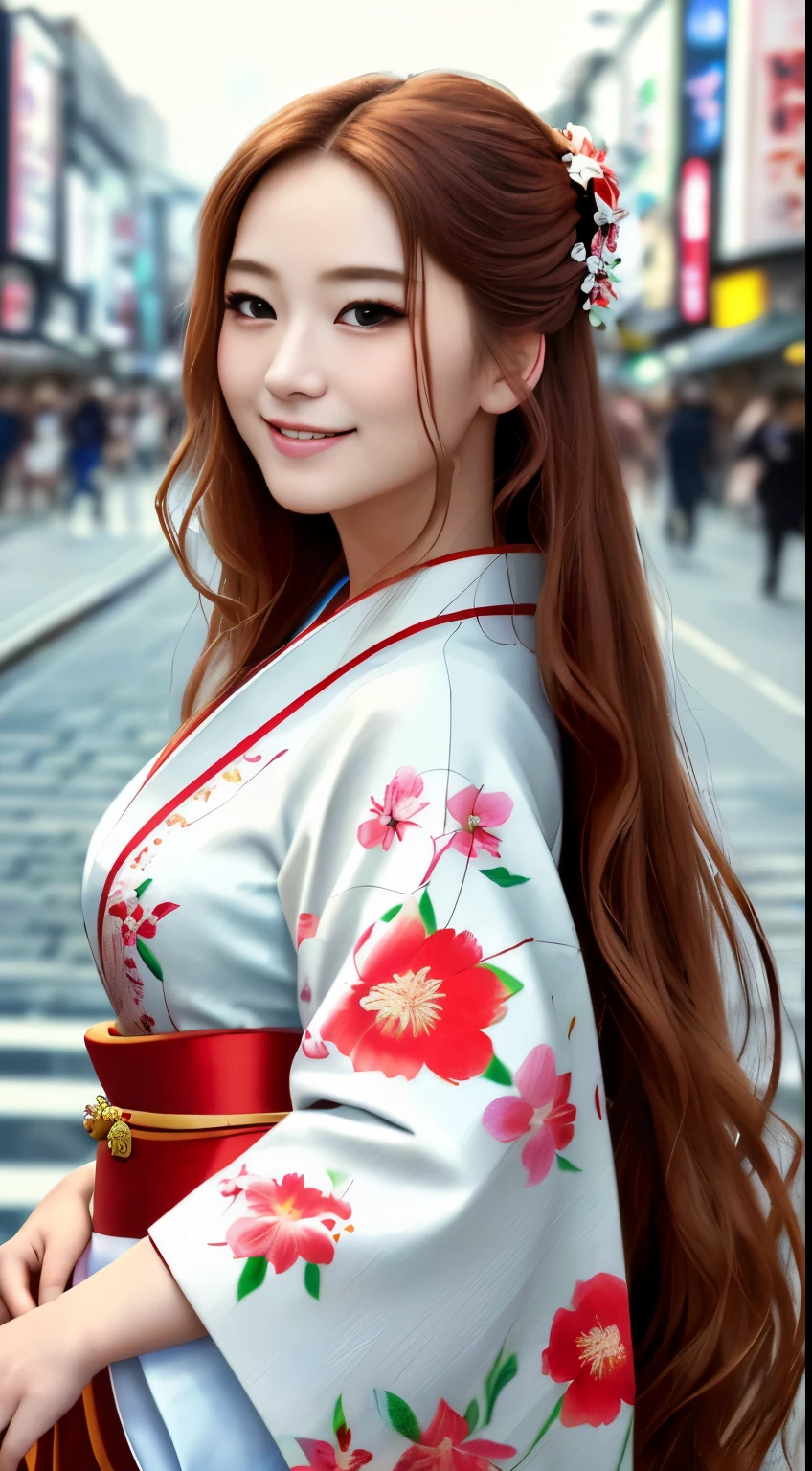 beautiful statuesque woman, close up view, gazing at the camera, red kimono, sexy, cleavage, smiling, deep brown eyes, copper colored hair in traditional hairdress, sakura garden