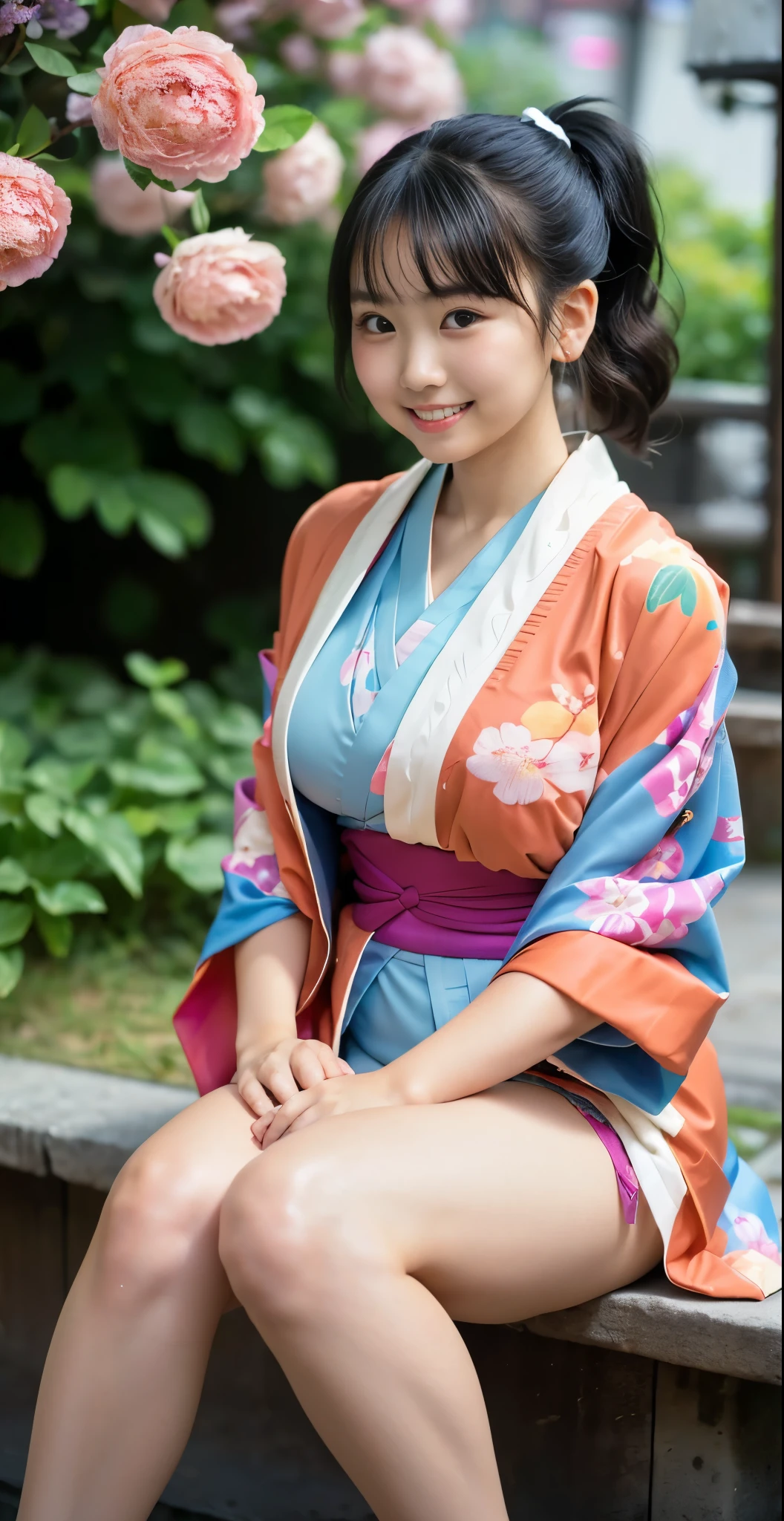 （8k、Raw photography、highest quality、masterpiece：1.2),(black haired、curly ponytail:1.7),show viewer,Looking at the front,erotic,white skin,(Wearing a kimono with a colorful floral pattern:1.6)、(Clothing that emphasizes the shape of your chest、expose one&#39;s skin:1.5)、(big breasts :1.4)、slim body shape、ultra high resolution,beautiful,beautiful fece,(alone, alone、no background:1.9),whole bodyボディー,japanese woman,（Photoreal：1.37）、photon mapping,reality、(****-***** and cute: 1.0)、(cute smile: 1.7)、(With a round face: 1.9)、radio city、Physically based rendering、depth of field rally background、photograph, (I can see your knees,close up of thighs、short kimono、I can see your pants:1.6),whole body、super fine