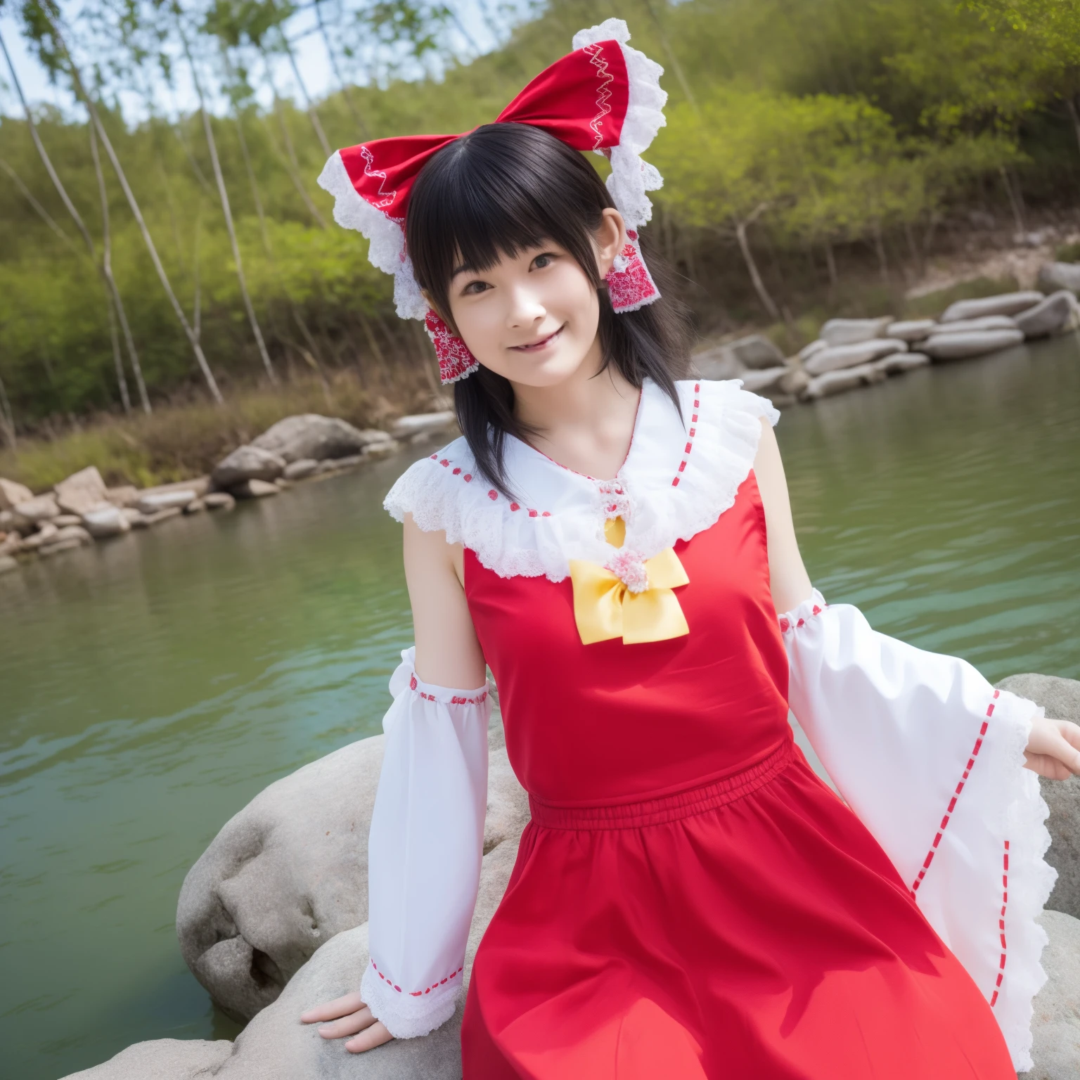 highest quality, masterpiece, genuine,genuineistic, photograph,photographgenuineistic,looking at the viewer, 1 girl, beautiful face,hakurei reimu \(cosplay\), Miko, outdoors, bamboo forest, nature,river,rock solid, sitting on a rock, Wind,floating hair,head shot