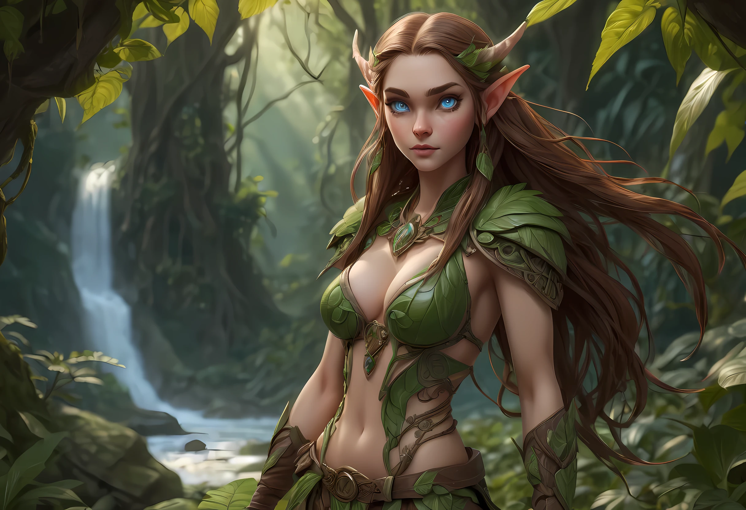 high details, best quality, 16k, [ultra detailed], masterpiece, best quality, (extremely detailed), dynamic angle, ultra wide shot, RAW, photorealistic, fantasy art, realistic art, a female elf druid (intricate details, Masterpiece, best quality: 1.5) in a jungle, a female elf wearing leather clothes intricate details, Masterpiece, best quality: 1.4), leather boots, thick hair, long hair, brown hair, intense blue eyes, vibrant jungle (intense details), plenty of plant life, vines coming from trees, many jungle trees (intricate details, Masterpiece, best quality: ), vines, a river flowing, sun light, dynamic light. dynamic angle, (intricate details, Masterpiece, best quality: 1.5) , 2.5 rendering, high details, best quality, highres, ultra wide angle