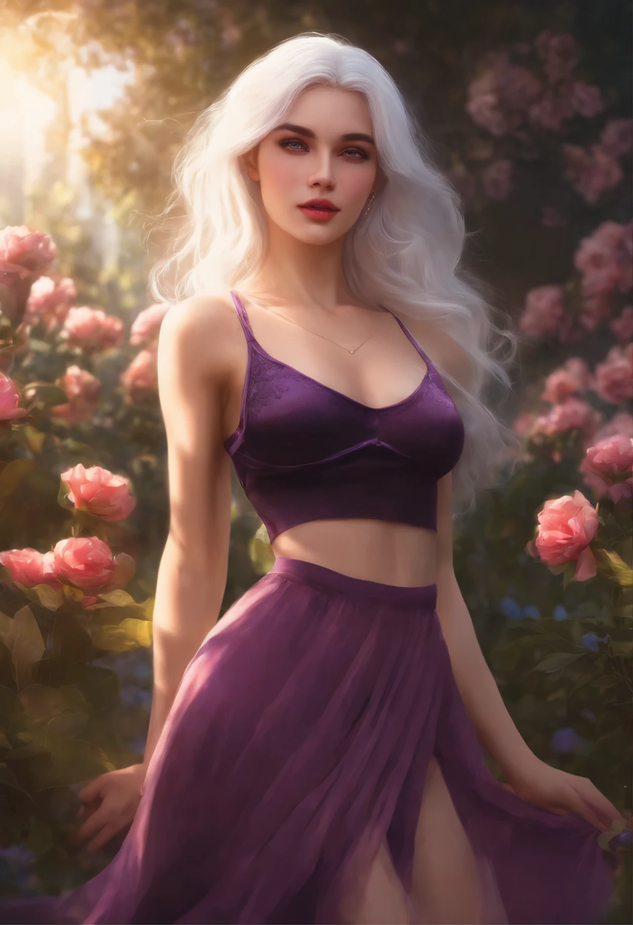 realistic, 1girl, white hair, purple eyes, glowing eyes, crop top, skirt, parted lips, blush, night, flowers, sun, sunlight,