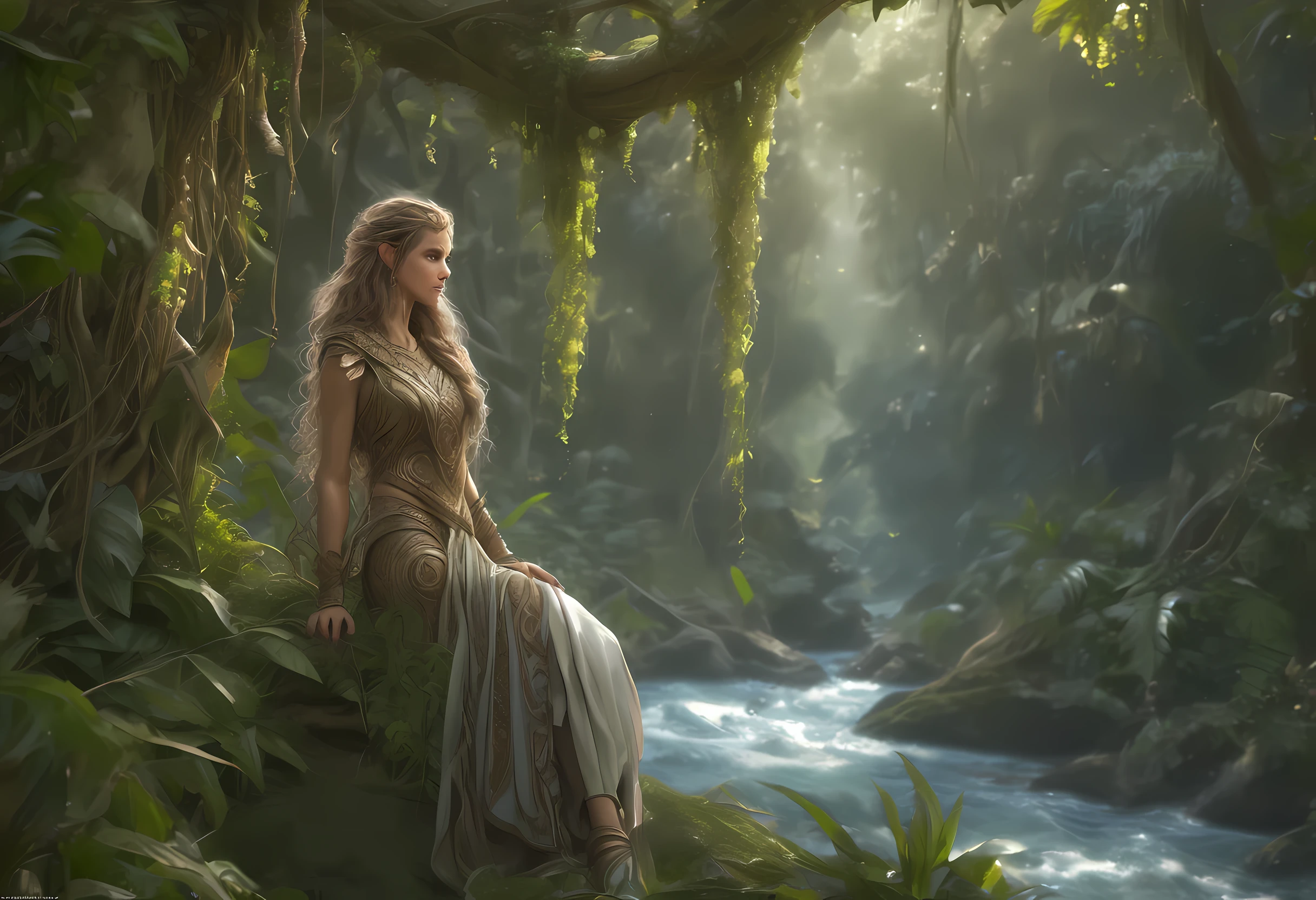 high details, best quality, 16k, [ultra detailed], masterpiece, best quality, (extremely detailed), dynamic angle, ultra wide shot, RAW, photorealistic, fantasy art, realistic art, a female elf druid (intricate details, Masterpiece, best quality: 1.5) in a jungle, a female elf wearing leather clothes intricate details, Masterpiece, best quality: 1.4), leather boots, thick hair, long hair, brown hair, intense blue eyes, vibrant jungle (intense details), plenty of plant life, vines coming from trees, many jungle trees (intricate details, Masterpiece, best quality: ), vines, a river flowing, sun light, dynamic light. dynamic angle, (intricate details, Masterpiece, best quality: 1.5) , 2.5 rendering, high details, best quality, highres, ultra wide angle