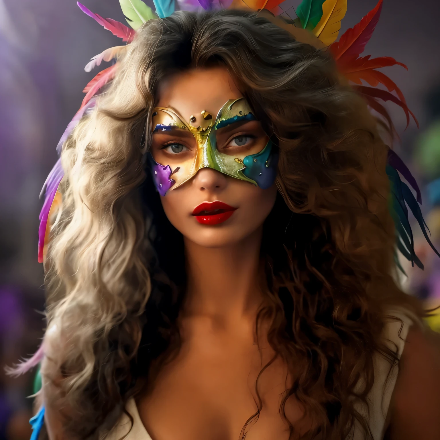 A majestic woman soaring gracefully through the sky, with long flowing hair trailing behind her. She wears an elegant, flowing gown that ripples in the wind, shimmering with shades of blue and silver. Her outstretched arms give the impression of  and strength, with perfect hands elegantly poised. Her body is anatomically perfect, exuding grace and beauty. The sky around her is a brilliant mix of sunset colors—orange, pink, and purple—casting a magical glow. Wispy clouds float around her, and the light from the setting sun highlights her serene, yet sad and melancholic expression, ((she wears an Intricate and enigmatic typical Venetian carnival mask)). Face partially hidden behind carnival golden metal mask. Mask covers part of her face, including part of her eyes. She flies over a lush medieval garden, filled with vibrant flowers and ancient stone pathways. The overall scene is ethereal and dreamlike, capturing a moment of pure liberation and beauty, while maintaining a SFW image. [(highly detailed face:1.4)], full body portrait, by lee jeffries, nikon d850, film stock photograph, 4 kodak portra 400, camera f1.6 lens, rich colors, hyper realistic, lifelike texture, dramatic lighting, cinestill 800
