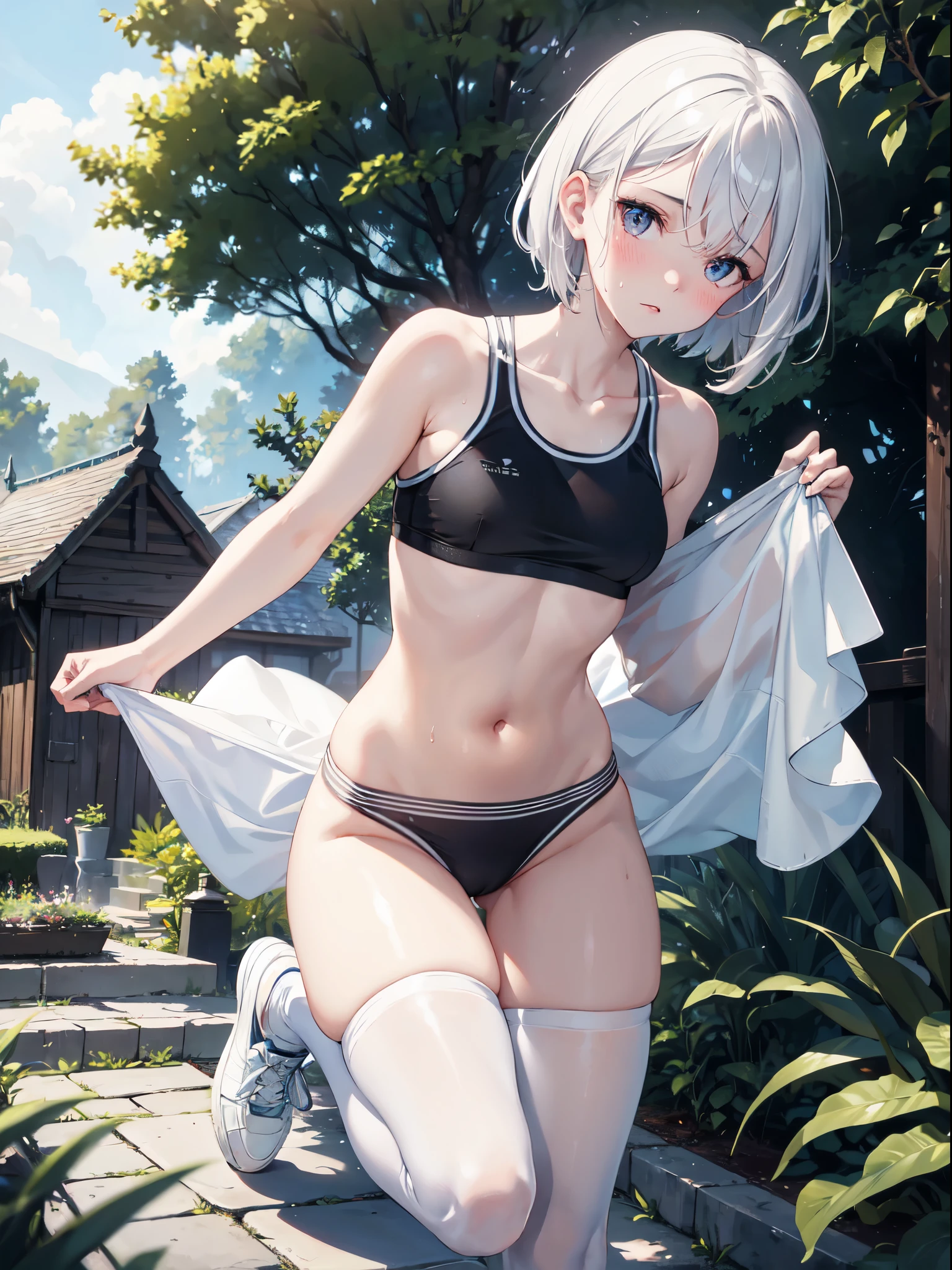 1 girl, (alone:1.2), ((masterpiece)), Slim, , pale skin, ((delicate eyes)), (bokeh effect), sweating, (dynamic angle), One word horse, white hair, short hair, bare shoulders，Lilu&#39;s collarbone, armpit, (External), blush，shy, garden,  thong，sports shoes，White over-the-knee stockings，running，Crowds of people，b cup，white girls sports bra，high resolution，Super detailed，marks of strangulation，Slim腿