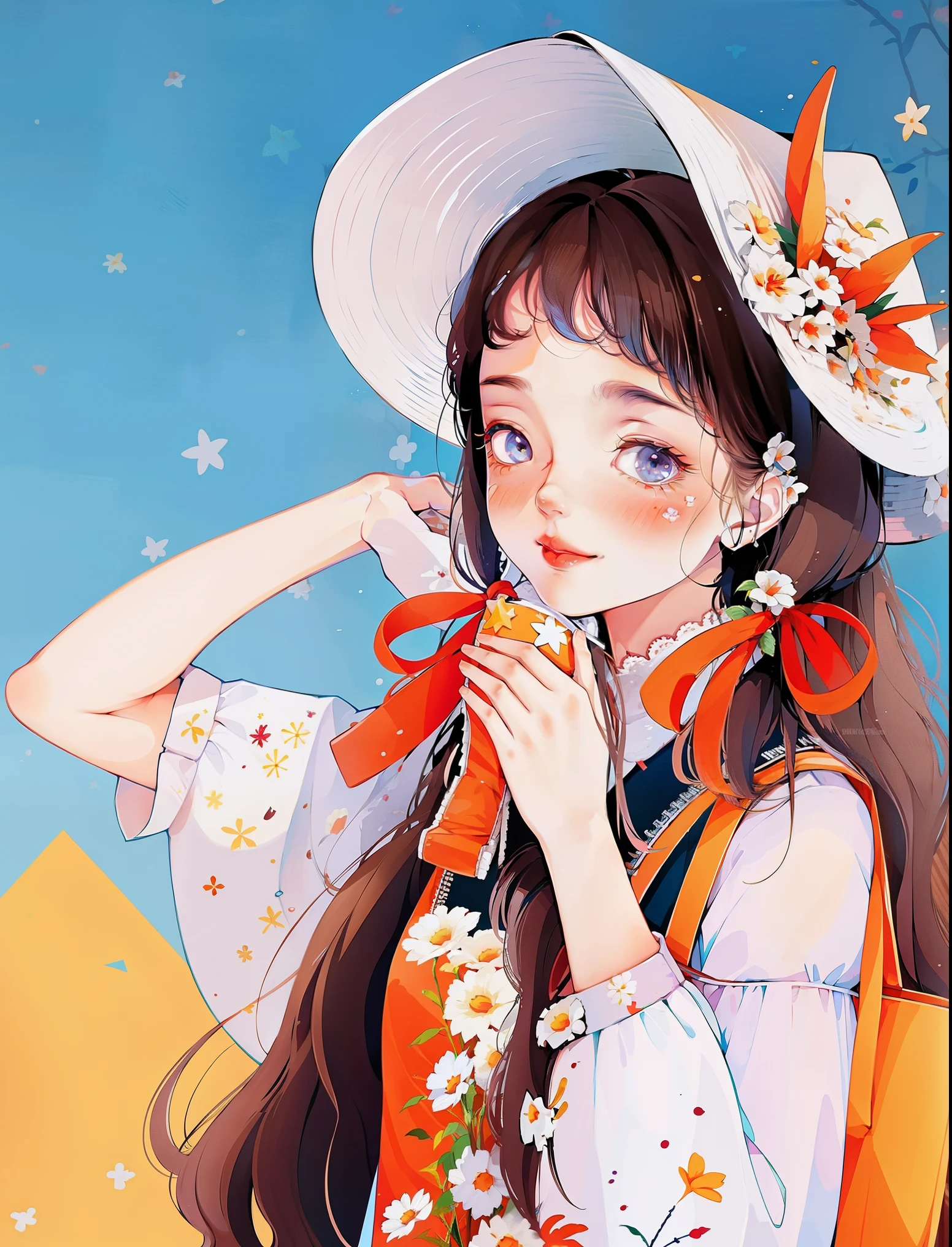 yxycolor,tsurime,smug,grin best quality, masterpiece, extremely detailed, 1girl, flower, solo, smile, twintail, long hair, ribbon, bag, hat,