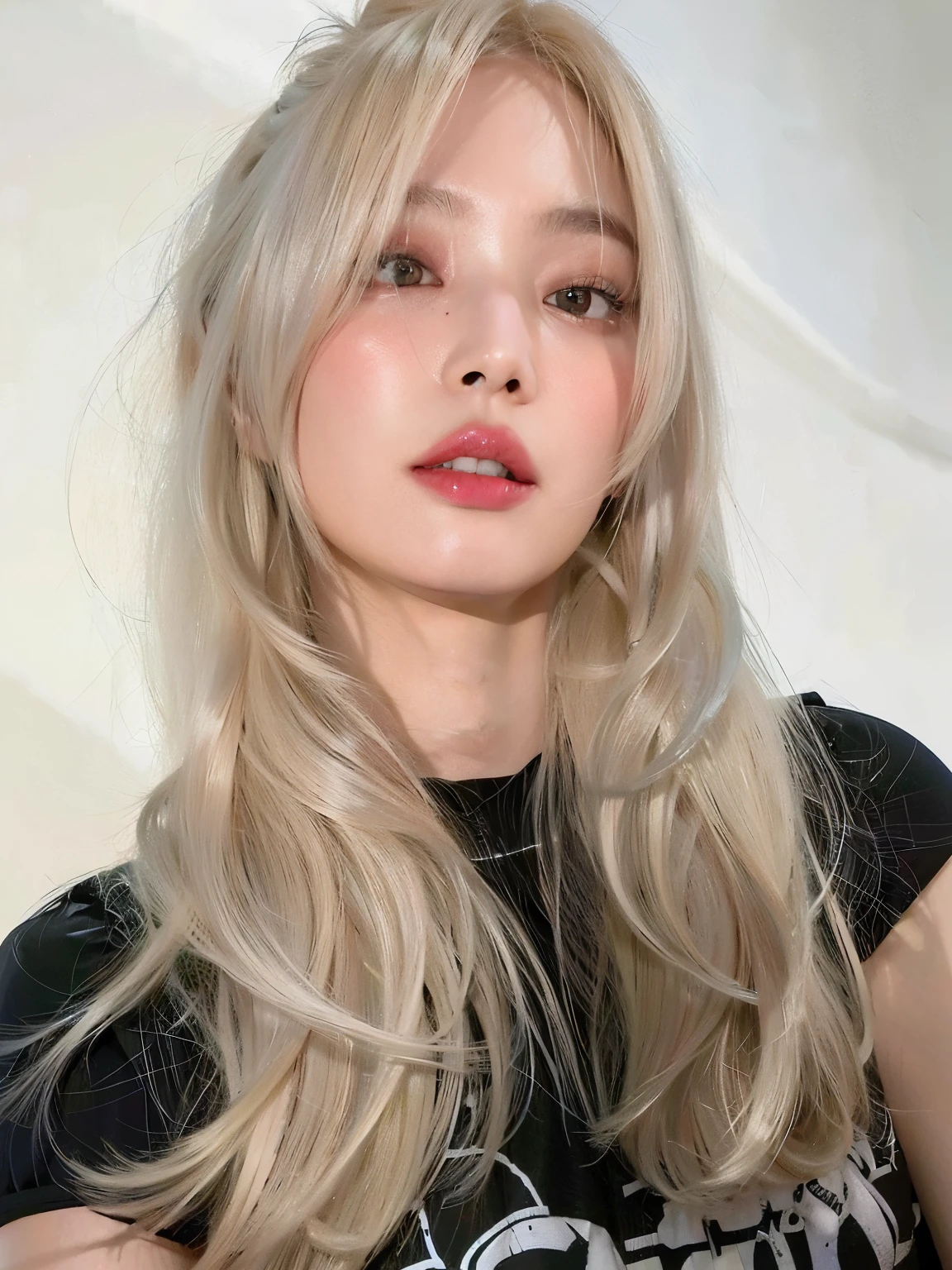 Mulher loira com cabelos longos e uma camisa preta posando para uma foto, cabelo claro, longos cabelos brancos e franja, cabelo com franja branca, franja branca, cabelo loiro muito claro, cabelo loiro extremamente claro, garota de cabelos brancos perfeita, her hair is white, pale and glowing skin,  cabelo prateado, retrato de Kim Petras, Ava Max, skin pale as ivory