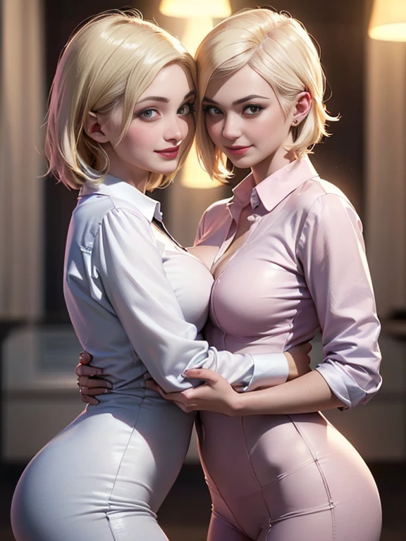(best quality, 8k, highres, photorealistic:2.0), (two girls:2.0),(lighting: front),(lighting: strong),(ultimate beautiful girl:2.0),(shiny skin),(oily skin),(platinum blonde hair:1.5),Blush brown makeup , dark eye makeup , use pink glossy lipstick,(big eyes girl:1.5),(girl amazing sex appeal:1.5),(lesbian partner:1.5),(two people who love each other very much),(look at each other with a smile:1.5),(Enjoy showing lesbians to your viewers:1.5),(wear formal attire:1.5),(touch each other's bodies:1.5),(flirting boldly),(two girls are sexually excited1.5),(Two people hugging each other fiercely:1.7)