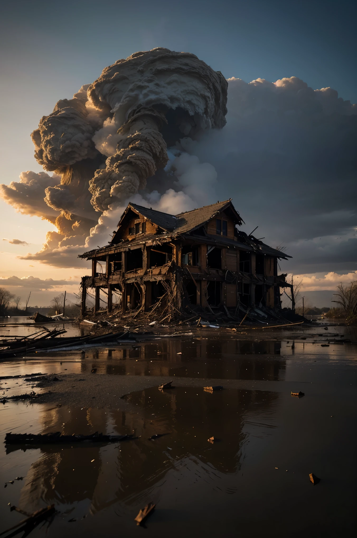 Capture the awe-inspiring aftermath of a nature disaster, focusing on the intricate details of damaged structures and resilient natural elements.