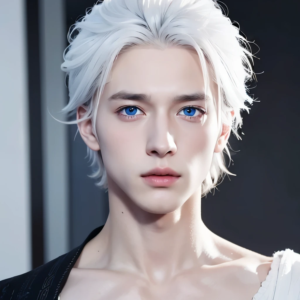 masterpiece, best quality, handsome 19 year old, fair skin male, medium length white hair, perfect face, chest abs, masculine, shoulder length white hair, blue eyes