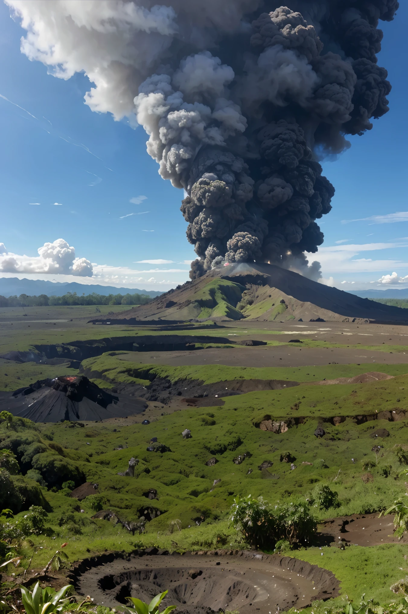 A panoramic view of a lush rainforest recovering from a volcanic eruption. Include wispy smoke rising from the crater and verdant new growth peeking through the ash.