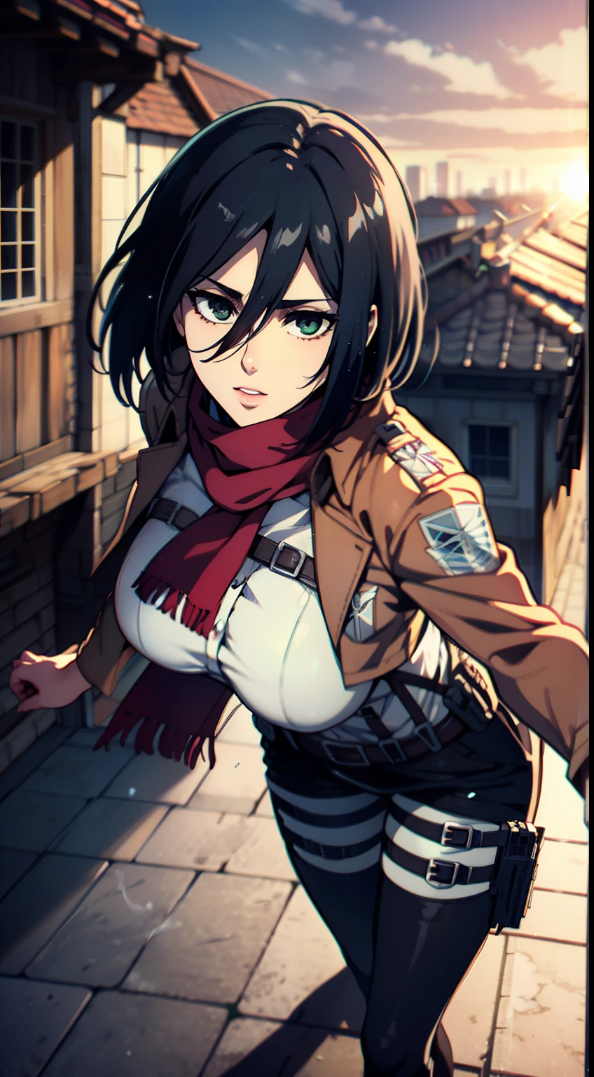 Frame from below, Photo below, view from bottom, Sexy, Erotica, Nudie, sexypose, combat stance, half naked, shirt unbuttoned, Hesitate, Erotica, Super Epic Composition, aot style, Shingeki no Kyojin, mikasa ackerman, 1girl, in full height (Body Full 1.1), Hand strap, quiff, black hair, Black pants, 가슴, Average Breasts, green colored eyes, Hair between the eyes, turnstile, long sleeves, looks at the viewer, Average Breasts,, breeches, red scarf, a scarf, Shirt, Short Hair Hair, Roof of the city, roof, Sun, In the air, Holds blades in his hands, jump, Smoke, 独奏, hip belt, white shirt, Scientific Research Building \(Emblem\), ((tmasterpiece)), beste-Qualit, Sex, hooligan, waist, legsupms, buttocks, 가슴, (Body Full 1.1), Camera from above, Frame from above, the night, Lights, looks at the viewer, ssmile, grin, criminal, laughting, Cool anime 8K, Clean and detailed anime art, 4K Manga Wallpapers, Подробный портрет Anime Girl, Anime 4K Style, Anime Art Wallpapers 4K, Anime Art Wallpaper 4K Masterpiece, Gorgeous, Best Quality,