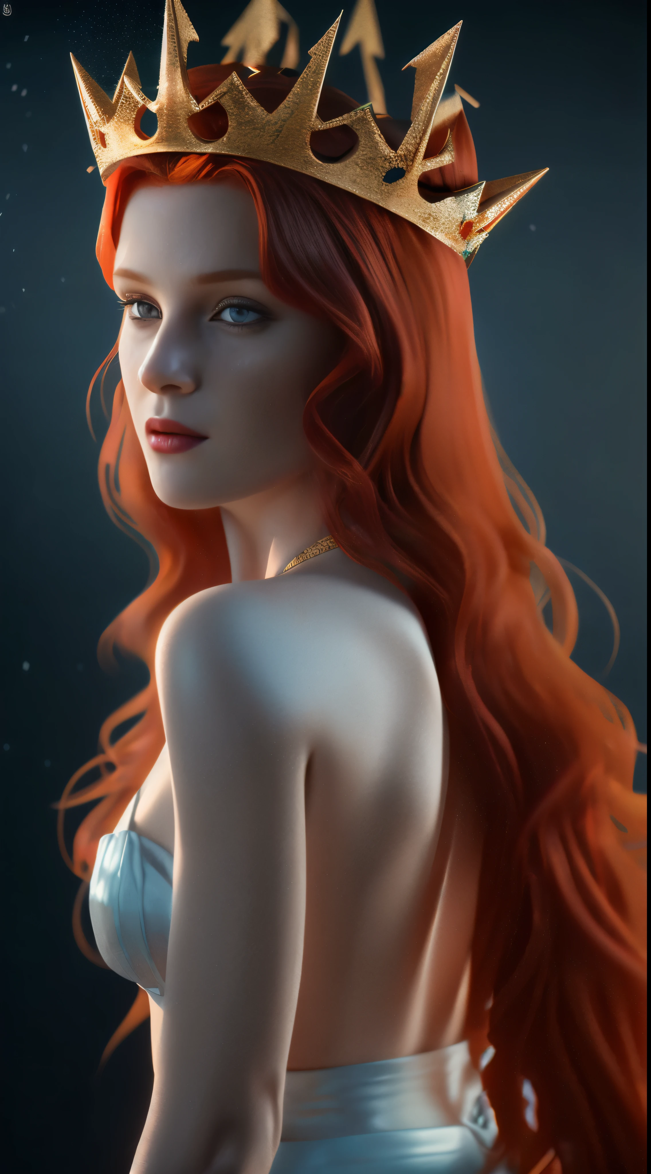 a redhead woman (wearing a crown), (octane, houdini, vfx, render, detailed, 4k ), by samdoesarts,