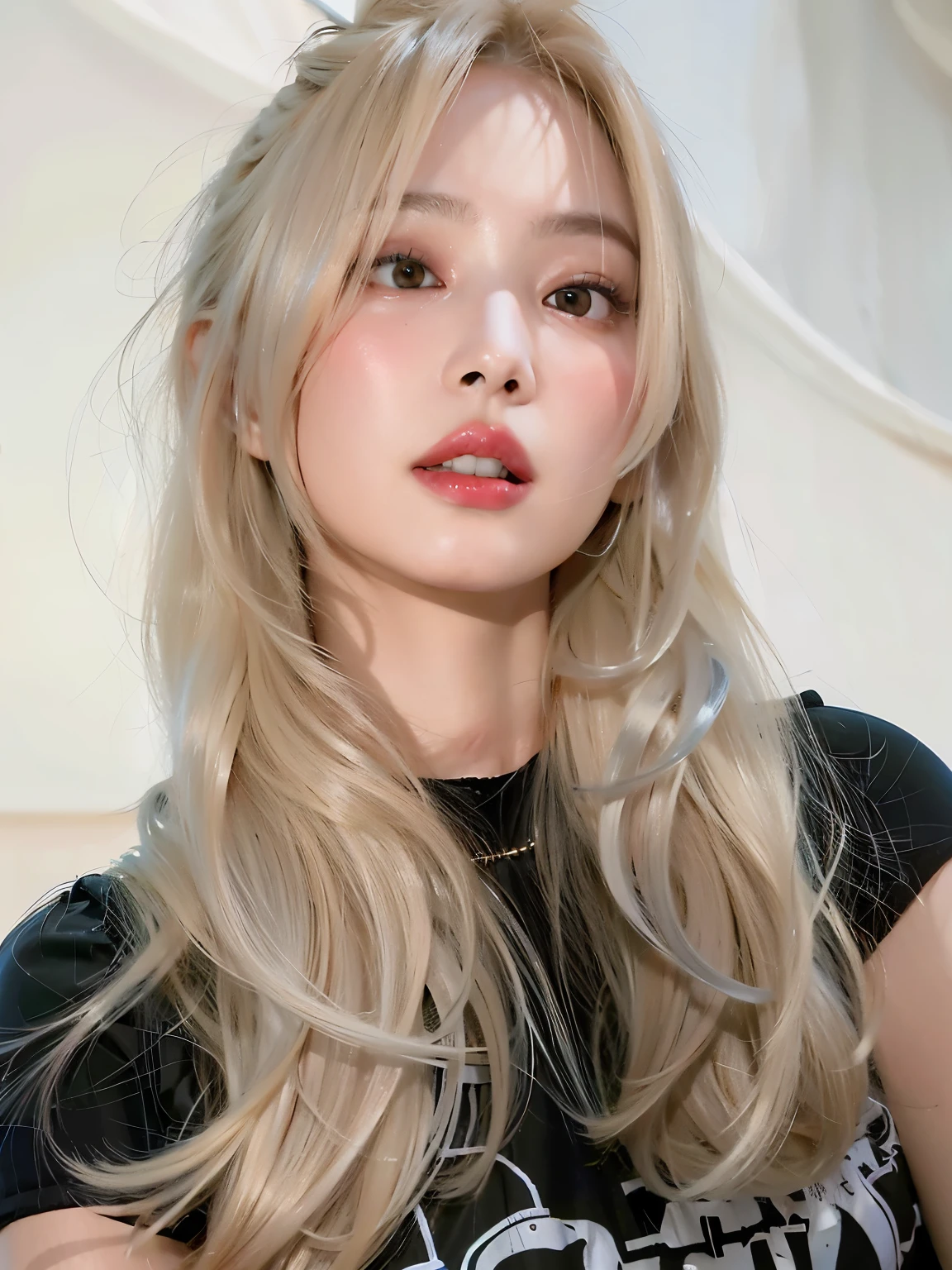 Mulher loira com cabelos longos e uma camisa preta posando para uma foto, cabelo claro, longos cabelos brancos e franja, cabelo com franja branca, franja branca, cabelo loiro muito claro, cabelo loiro extremamente claro, garota de cabelos brancos perfeita, her hair is white, pale and glowing skin, cabelo prateado, retrato de Kim Petras, Ava Max, skin pale as ivory