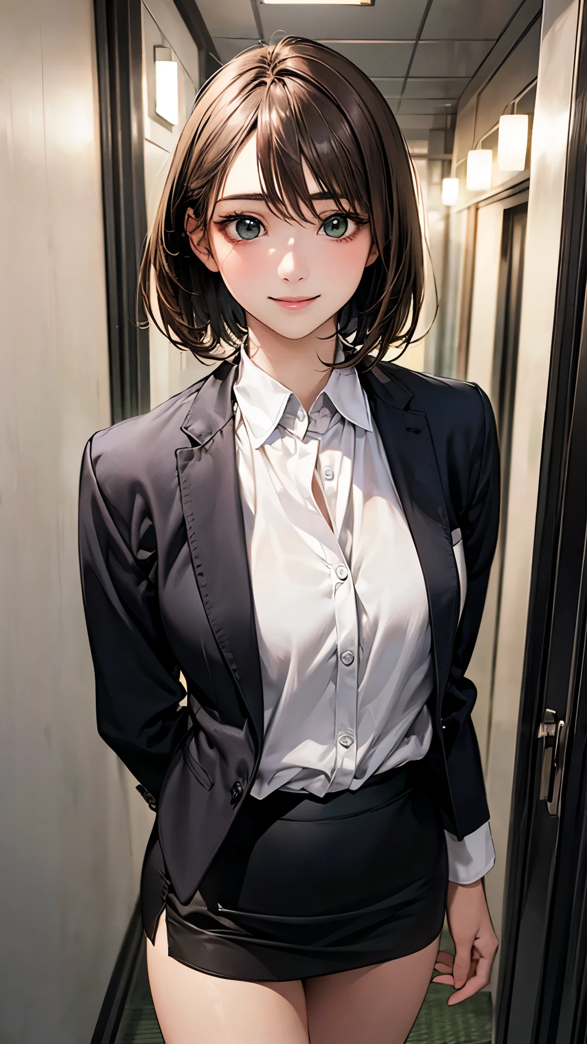 (masterpiece:1.2, top-quality), (realistic, photorealistic:1.4), beautiful illustration, (natural side lighting, movie lighting),
looking at viewer, face focus, upper body, 1 girl, japanese, 15 years old, perfect face, perfect body, cute and symmetrical face, shiny skin, babyface,
(short hair, bob cut, long sideburns, light brown hair), hair between eyes, emerald green eyes, (middle breasts), slender,
beautiful hair, beautiful face, beautiful detailed eyes, beautiful clavicle, beautiful body, beautiful chest, beautiful thigh, beautiful legs, beautiful fingers,
((black business jacket, close clothes, white collared shirt, black tight skirt)),
(beautiful scenery), evening, (office hallway), standing, (lovely smile, upper eyes),