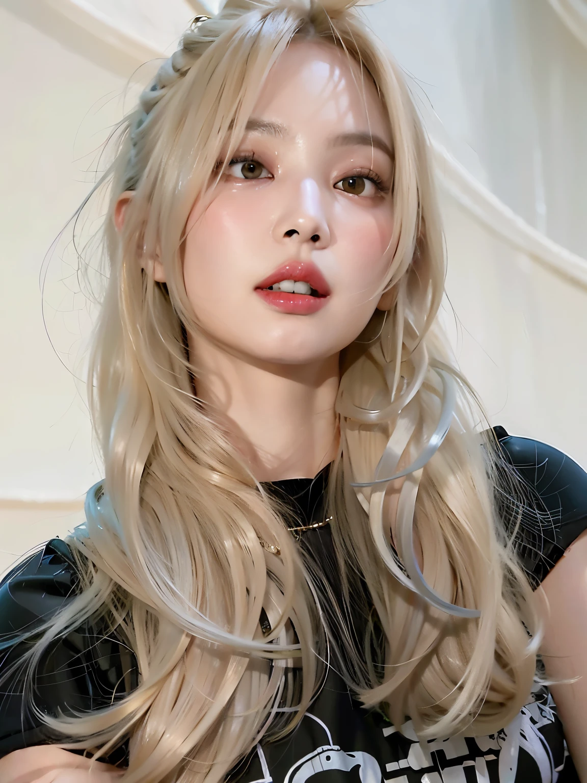 Mulher loira com cabelos longos e uma camisa preta posando para uma foto, cabelo claro, longos cabelos brancos e franja, cabelo com franja branca, franja branca, cabelo loiro muito claro, cabelo loiro extremamente claro, garota de cabelos brancos perfeita, her hair is white, pale and glowing skin, cabelo prateado, retrato de Kim Petras, Ava Max, skin pale as ivory