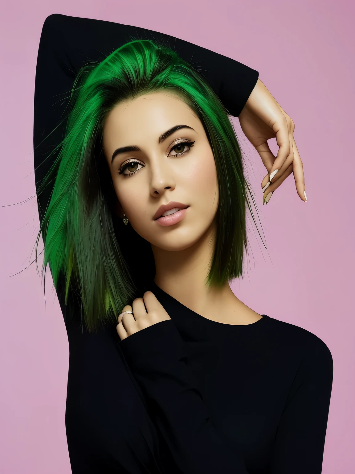 arafed woman with green hair and black top posing for a picture, green hair, bright green hair, short green hair, green mane, green and black hair, green hue, short unkempt green hair, green highlights, short green bobcut, dark green hair, green flowing hair, vibrant green, hair coloring, green feathery hair, green wavy hair, sem roupa, corpo inteiro, e nua, pelada, sem roupa