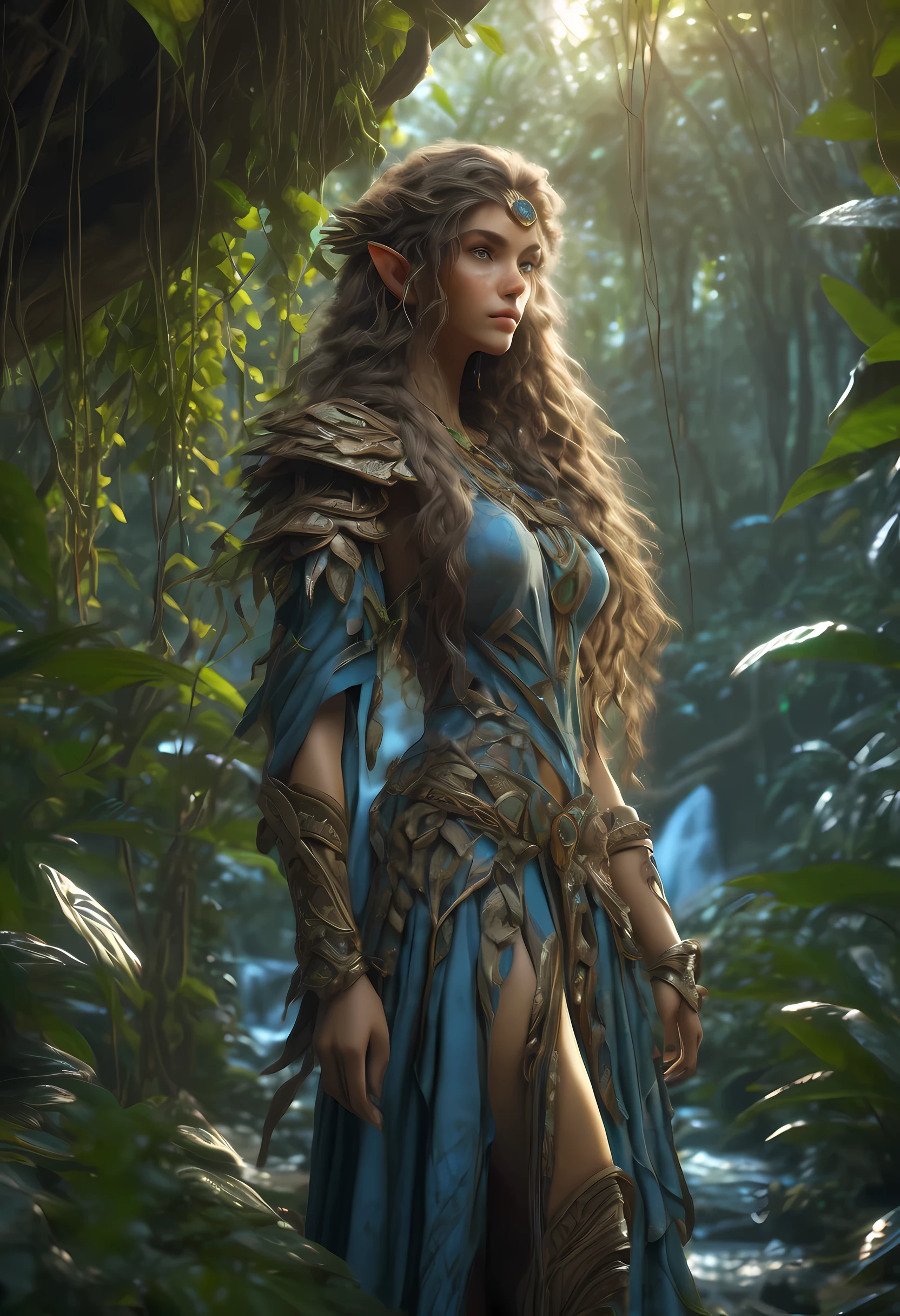 high details, best quality, 16k, [ultra detailed], masterpiece, best quality, (extremely detailed), dynamic angle, ultra wide shot, RAW, photorealistic, fantasy art, realistic art, a female elf druid (intricate details, Masterpiece, best quality: 1.5) in a jungle, a female elf wearing leather clothes intricate details, Masterpiece, best quality: 1.4), leather boots, thick hair, long hair, brown hair, intense blue eyes, vibrant jungle (intense details), plenty of plant life, vines coming from trees, many jungle trees (intricate details, Masterpiece, best quality: ), vines, a river flowing, sun light, dynamic light. dynamic angle, (intricate details, Masterpiece, best quality: 1.5) , 2.5 rendering, high details, best quality, highres, ultra wide angle