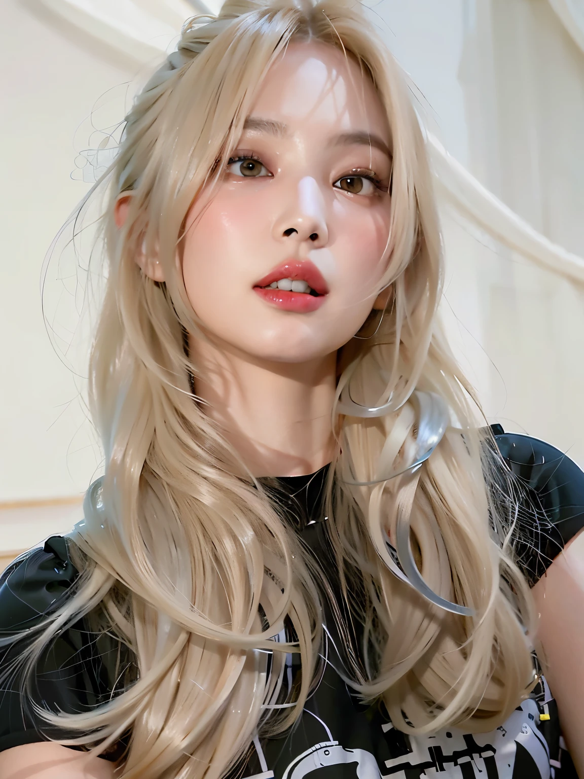 Mulher loira com cabelos longos e uma camisa preta posando para uma foto, cabelo claro, longos cabelos brancos e franja, cabelo com franja branca, franja branca, cabelo loiro muito claro, cabelo loiro extremamente claro, garota de cabelos brancos perfeita, her hair is white, pale and glowing skin,  cabelo prateado, retrato de Kim Petras, Ava Max, skin pale as ivory