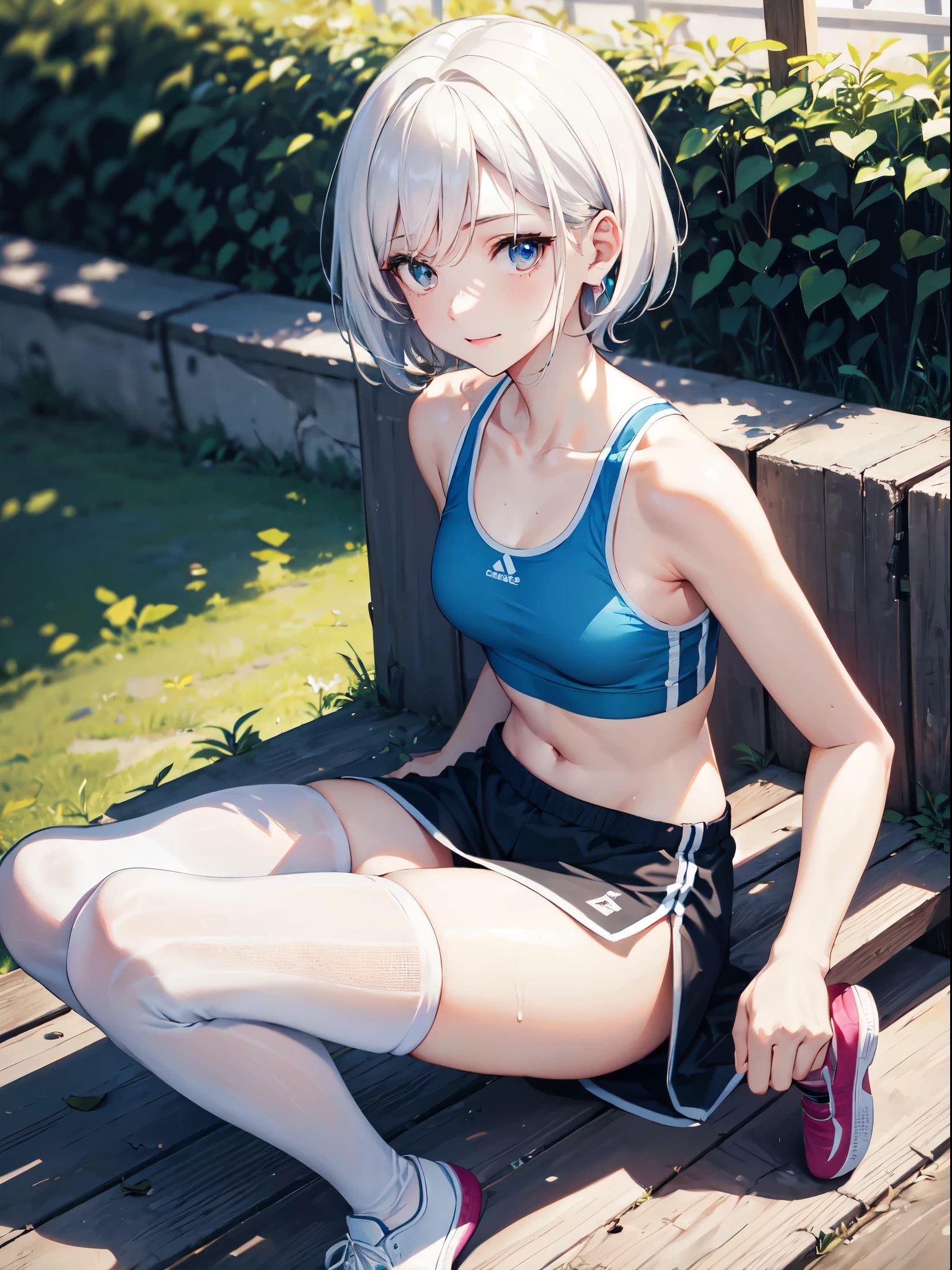 1 girl, (alone:1.2), ((masterpiece)), Slim, , pale skin, ((delicate eyes)), (bokeh effect), sweating, (dynamic angle), Get down, white hair, short hair, bare shoulders，Lilu&#39;s collarbone, armpit, (External), Smile, garden, sports,  thong，sports shoes，White knee socks，running，Crowds of people，b cup，white girls sports bra，high resolution，Super detailed，marks of strangulation，Slim腿，Perfect body