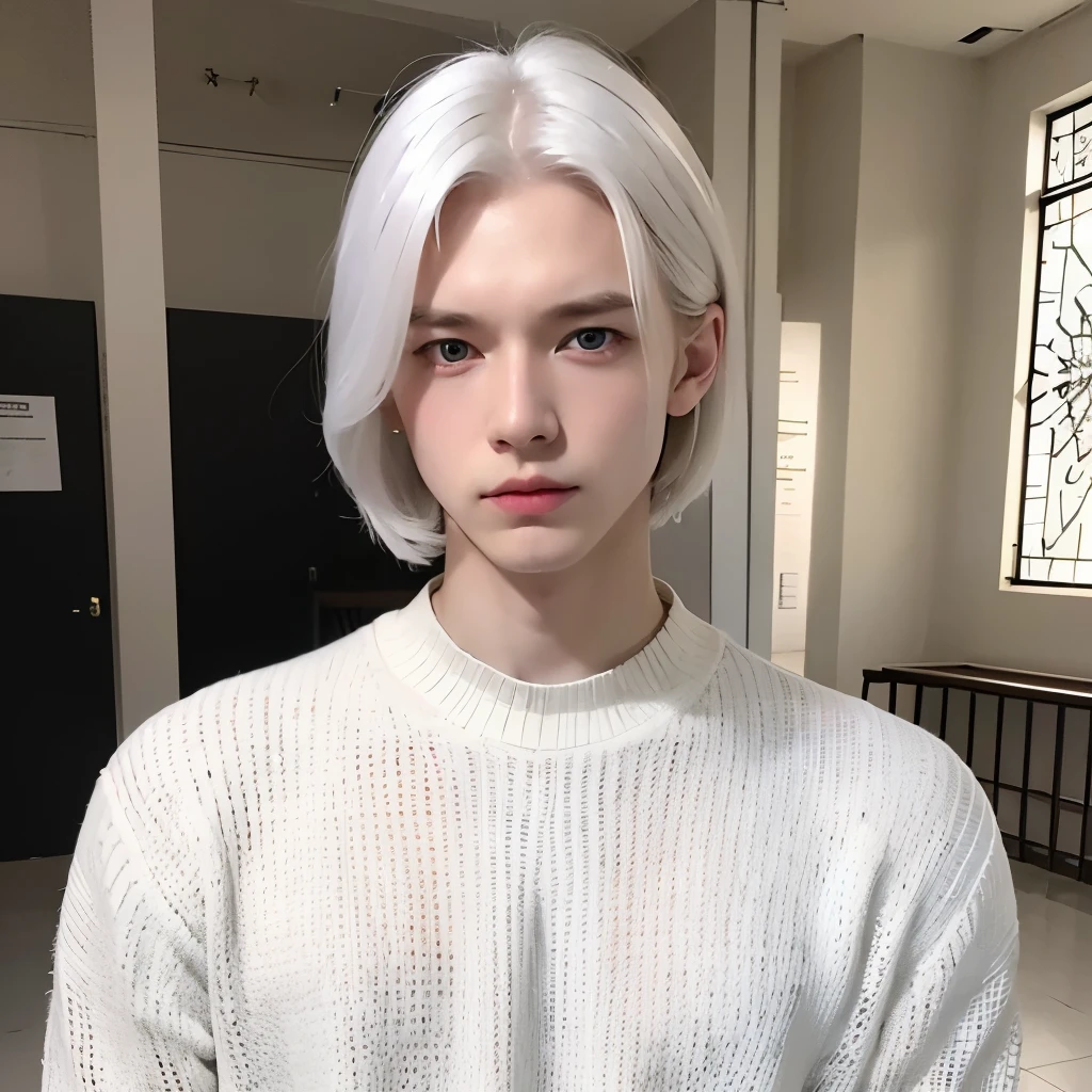 Boy, white hair, blue eyes, serious sharp features, white skin, young man, blouse, sweater and pants style, in a museum