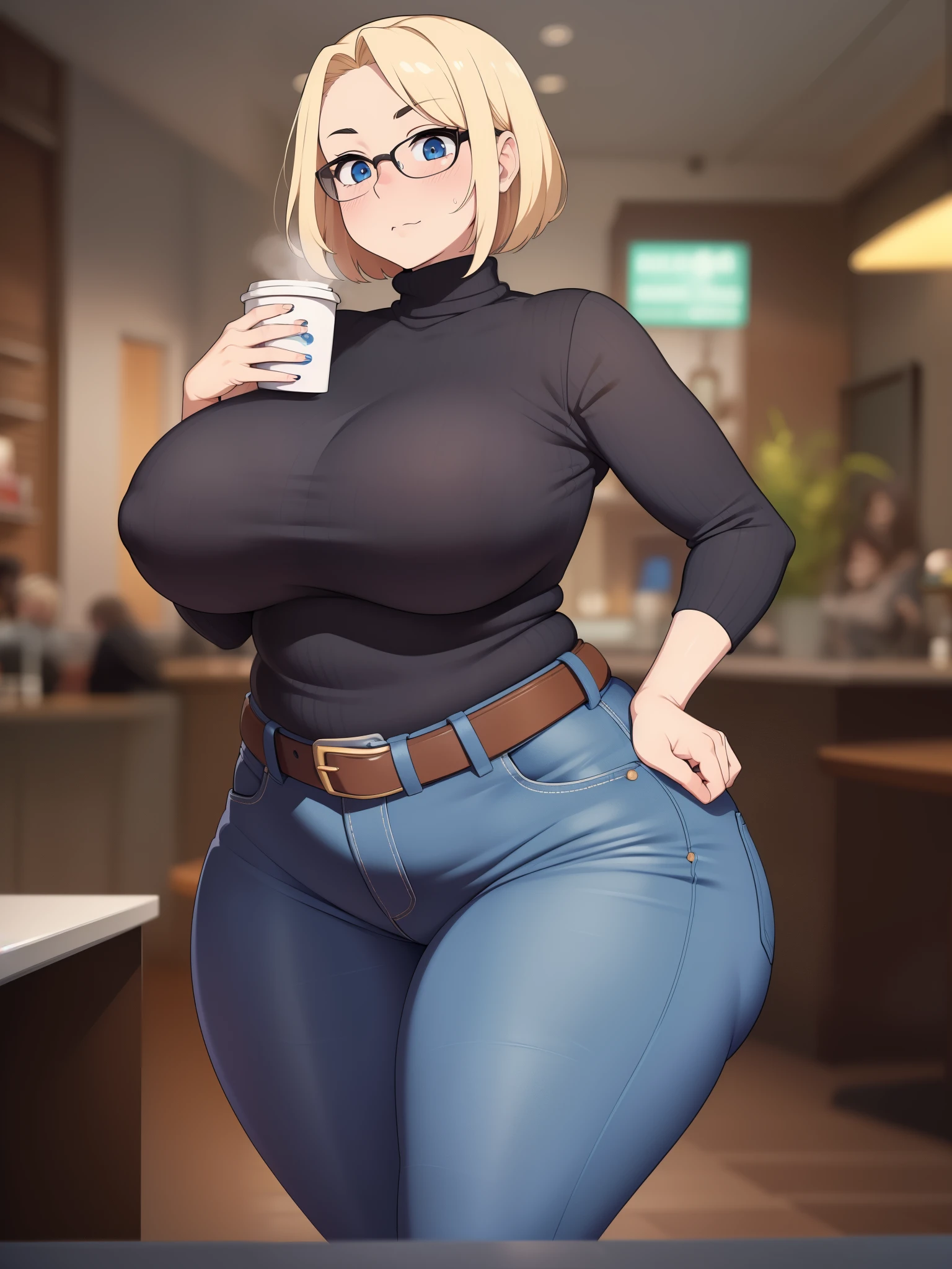 ((Masterpiece)), perfect anatomy, perfect shading, field of depth, (best quality), extremely delicate and beautiful, perfect lighting, detailed face, ultra cute face, cute, (cowboy shot 1.2), full body, (((1girl))), ((solo)), looking at viewer,
short hair, fluffy hair, blonde hair, blue eyes, Glasses, ((blush)), shy, nervous, embarrassed, (black turtleneck sweater 1.5), (jeans 1.2), belt, extremely tight clothes, medium breasts, ((wide hips)), ((thick thighs)), fat ass, ((chubby)),
coffee shop, intricate background, detailed background, hand on hip, holding coffee cup,