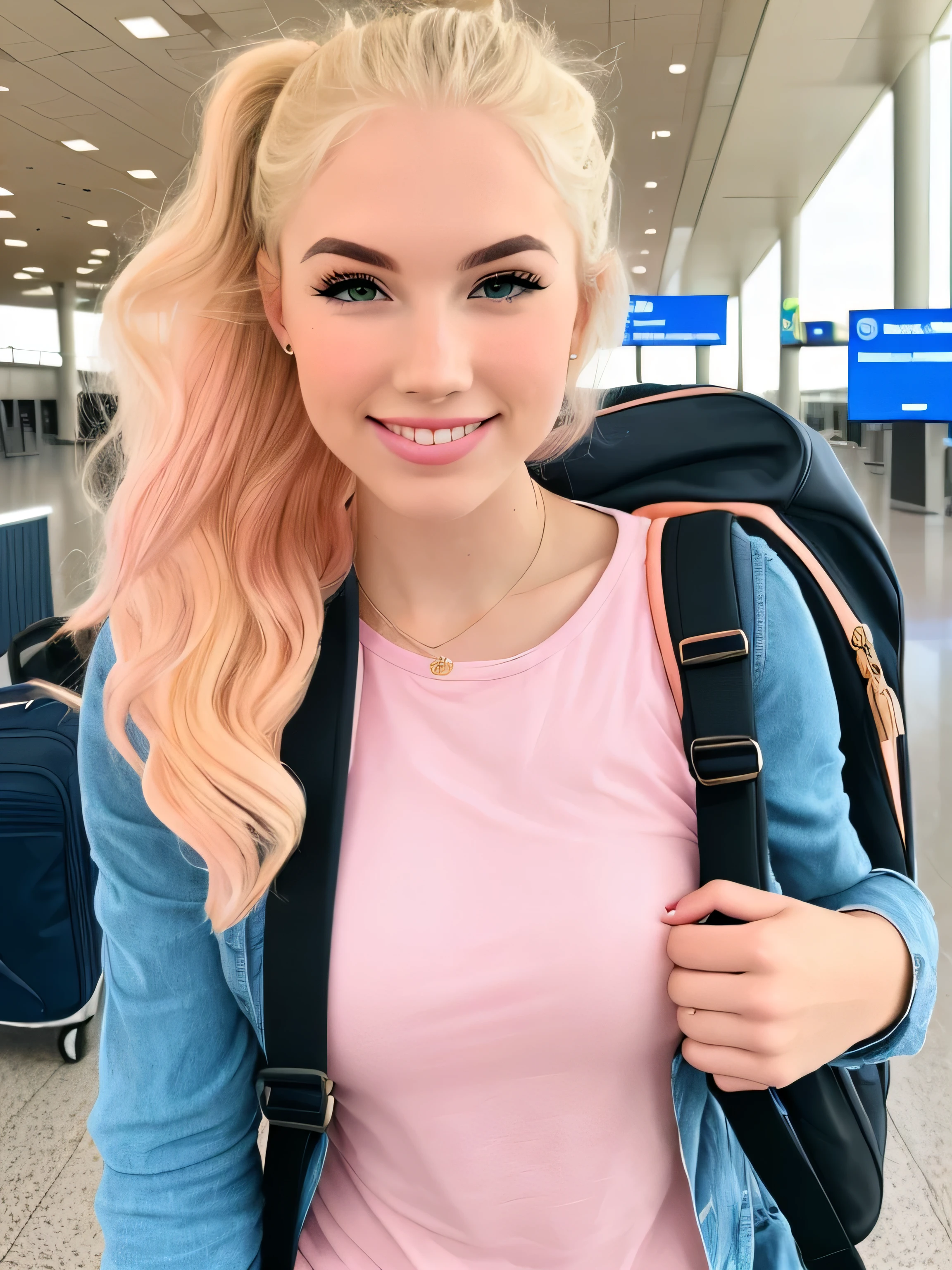 arafed woman with blonde hair and backpack at airport, with blonde hair, blonde hair, ava max, blonde straight hair, light blonde hair, light blonde hair with Brown strands flames, blonde wispy hair, long blonde hair, pigtails hairstyle, kailee mandel, green eyes, belle delphine, blonde woman, age 25, bubblegum hair, glowing pink face, colored hair, one blonde woman, 25 years, medium breast