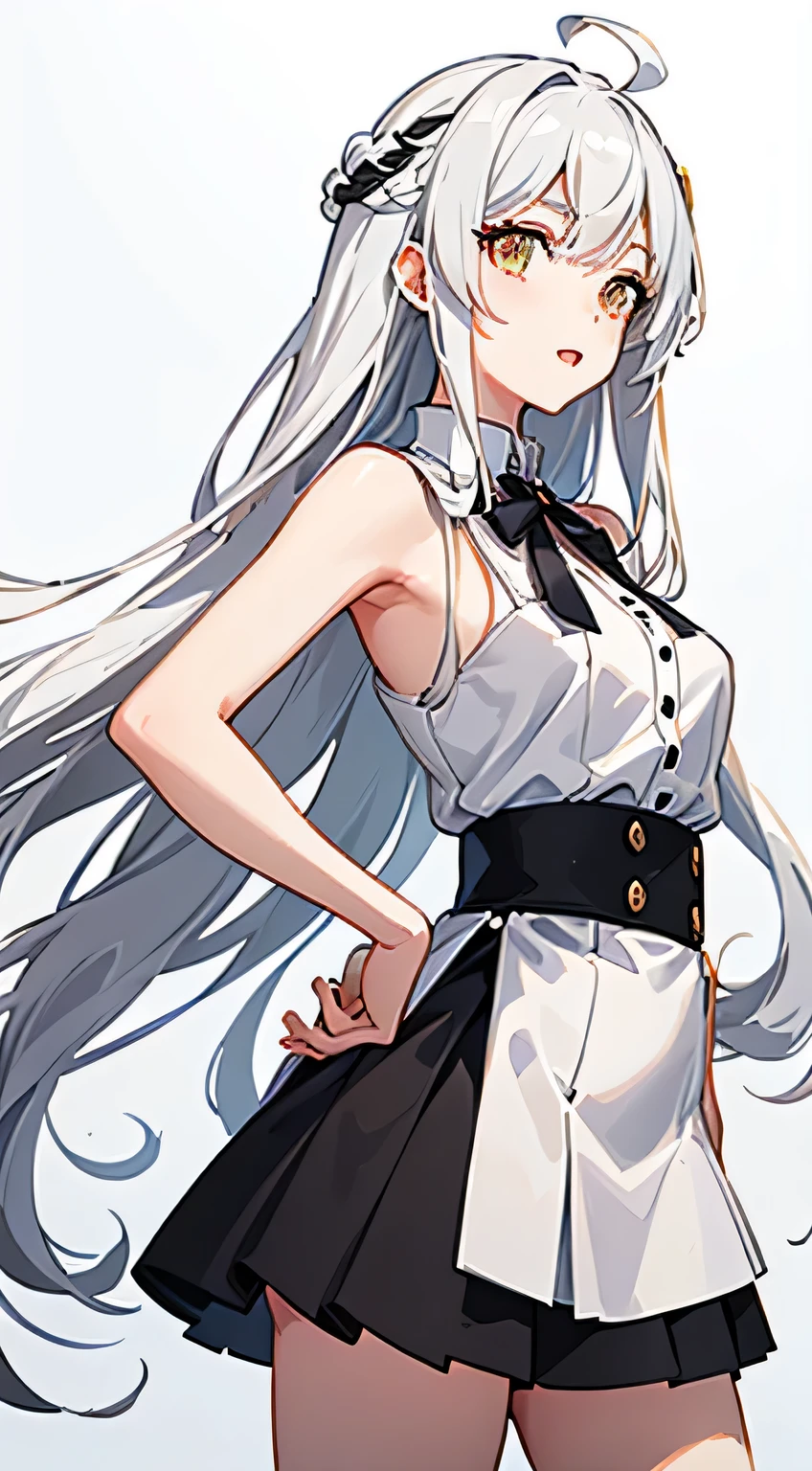 Masterpiece, of finest quality, showcasing a solo girl with a captivating female focus. Her ahoge, a charming trait with white and very long hair, cascades down her shoulders. Her golden eyes shine brightly, framed by a clear and inviting smile with an open mouth.
She wears a crisp, white buttoned shirt, the gap between the buttons adding a touch of playfulness to her outfit. Beneath, she dons a short black skirt that complements her youthful charm. In a standing pose against a pristine white background, her arms rest gracefully behind her back, showcasing a dynamic angle that intrigues the viewer.