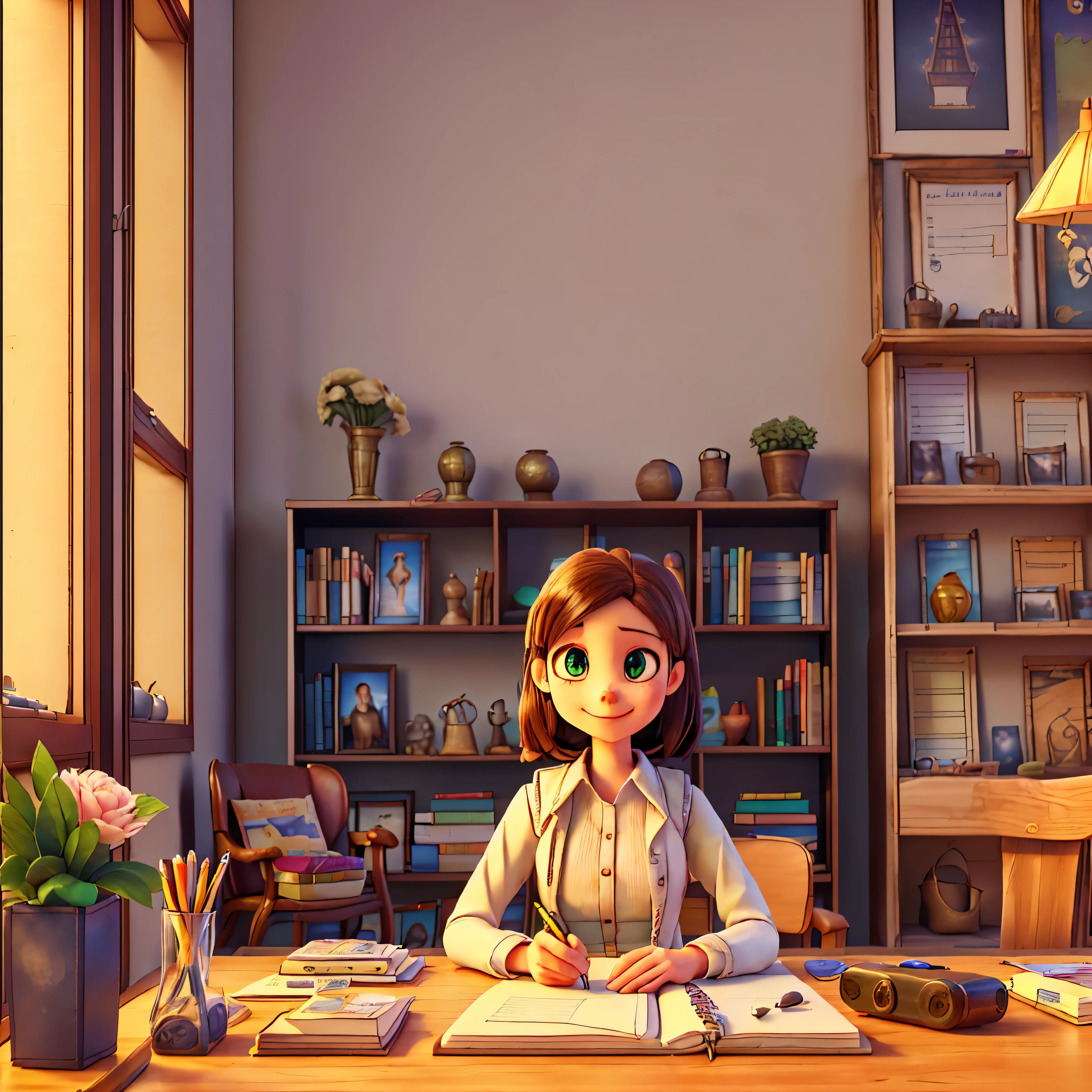 (epic Masterpiece, ultra highest quality, ulra highest resolution, ulra high-definition, distinct_image, very elaborate CG, cinematic lighting, ray tracing, drop shadows, detailed detail, (photorealistic: 1.4), ultra high quality textures, fine-grained, realistic face expression): (lone girl, face is Japan, brown short hair, small size breasts, sparkling eyes, Eye level shot, happy smile, beauty, slim body, holiday, own room, console game, computer, display, keyboard, mouse, long leather skirt, collared shirt, leather vest, handgun holder, carrying leather bag on your back, long boots, antique radio, coffee, model train, bookshelf, spacious chair, Pots, fans, paintings, stuffed animals, ties, notebooks, stationery, vases, photo frames, letters, fountain pens, calendars, lamps, cushions, baskets, mirrors reflecting in profile, candles, newspapers, sweets, city view outside the window, telephone, fruit) varied multi etc. --v 6 --s 1000 --c 20 --q 20 --chaos 100