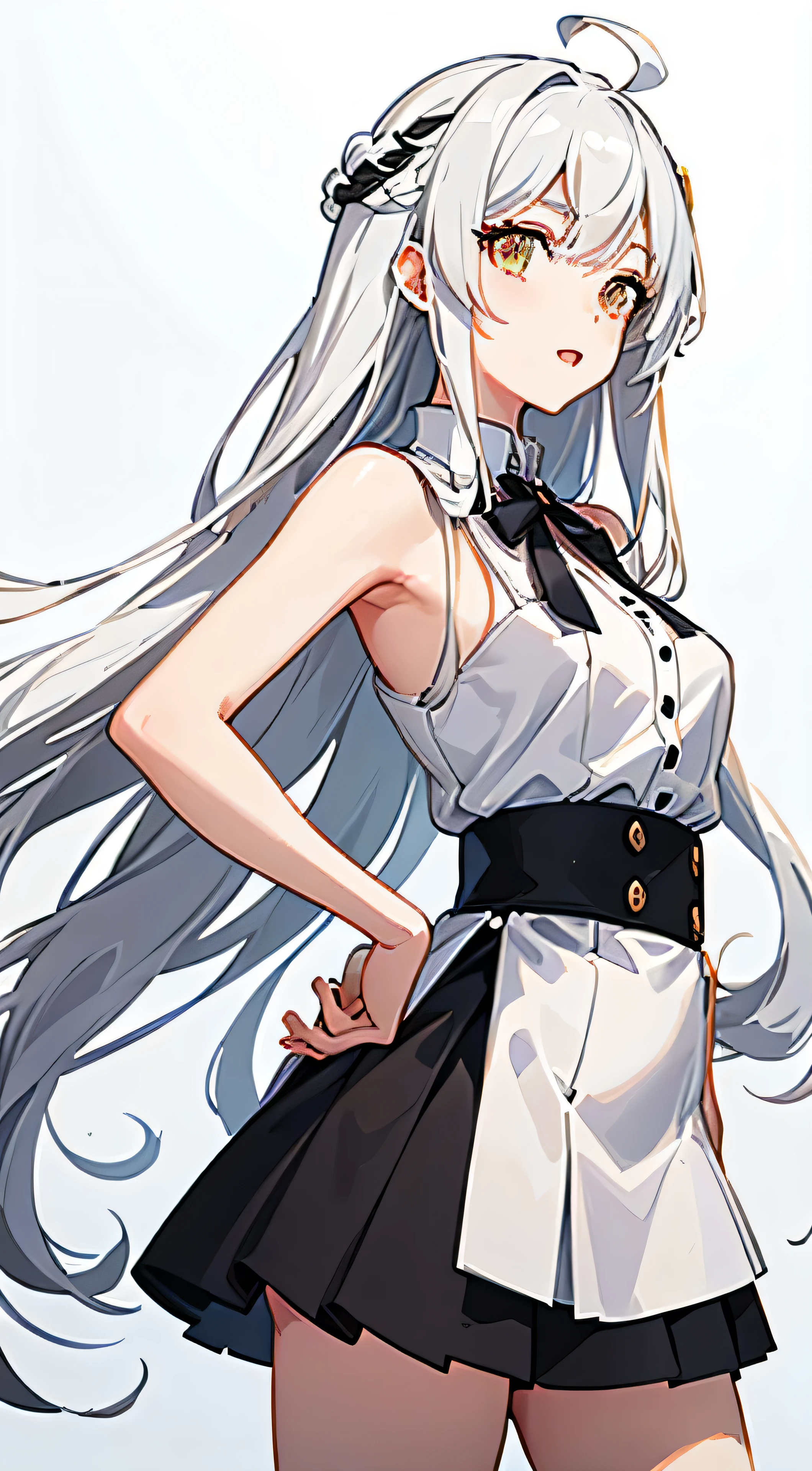 Masterpiece, of finest quality, showcasing a solo girl with a captivating female focus. Her ahoge, a charming trait with white and very long hair, cascades down her shoulders. Her golden eyes shine brightly, framed by a clear and inviting smile with an open mouth.

She wears a crisp, white buttoned shirt, the gap between the buttons adding a touch of playfulness to her outfit. Beneath, she dons a short black skirt that complements her youthful charm. In a standing pose against a pristine white background, her arms rest gracefully behind her back, showcasing a dynamic angle that intrigues the viewer.