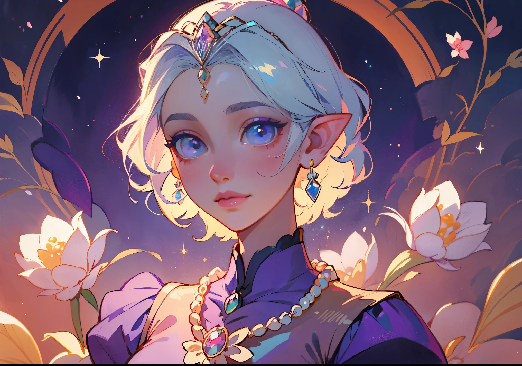 high-quality,ultra-detailed,beautiful detailed eyes,beautiful detailed lips,extremely detailed eyes and face,longeyelashes,medium:oil painting,portrait,colorful,soft lighting,princess,February theme,purple dress,tiara,graceful,ethereal,royal,blossoming flowers,fantasy,regal,enchanted garden,hairstyle with flowers,romantic atmosphere,lunar-inspired background,vivid colors,floral patterns,luxurious jewelry,dreamlike,gentle smile,celestial,pearl necklace,sparkling,delicate features,majestic,elven-like,serene expression,glowing,February birthstone,pastel colors,soft shadows,tranquil,graceful pose,fairy tale, 1girl ,