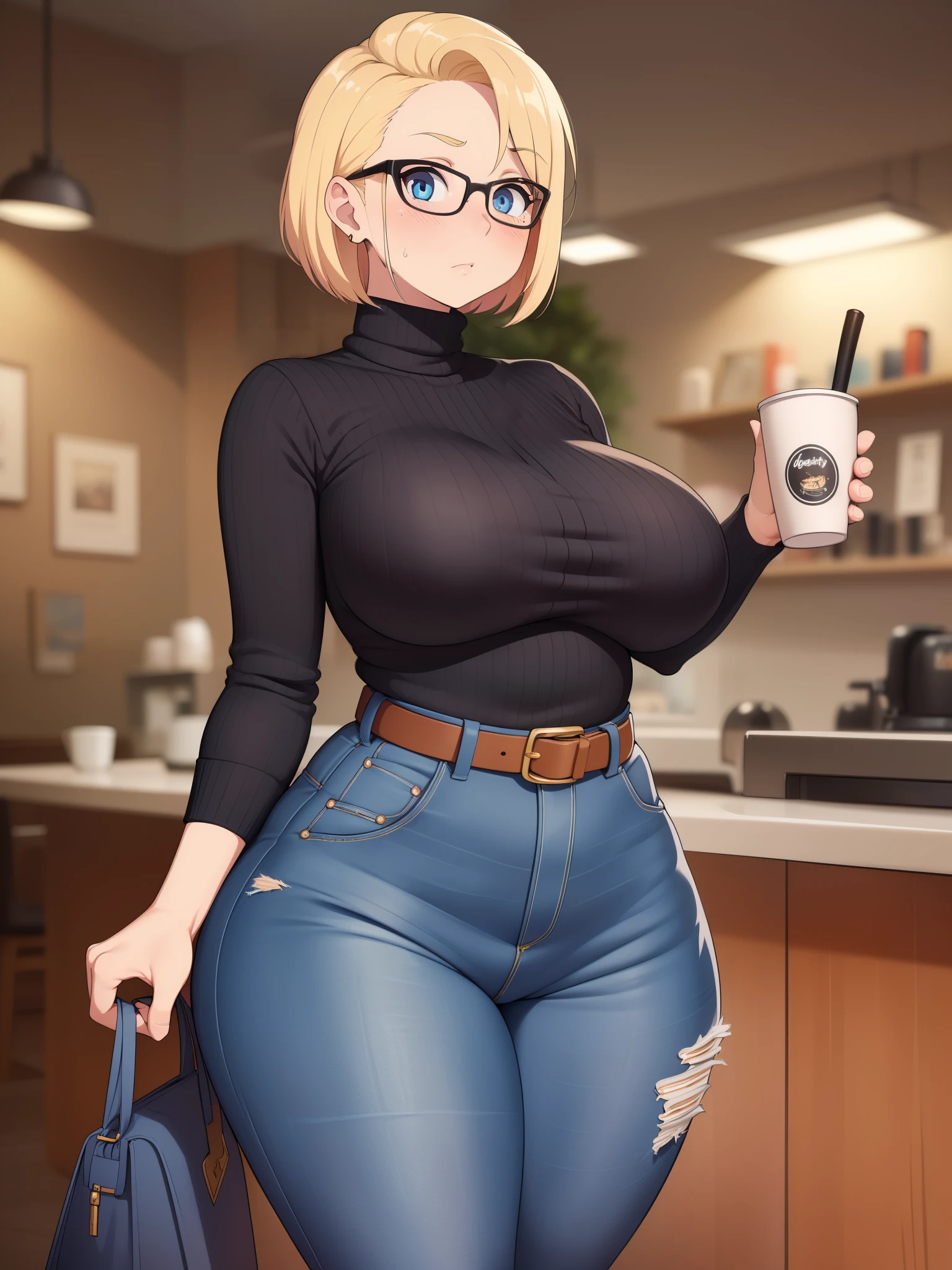 ((Masterpiece)), perfect anatomy, perfect shading, field of depth, (best quality), extremely delicate and beautiful, perfect lighting, detailed face, ultra cute face, cute, (cowboy shot 1.2), full body, (((1girl))), ((solo)), looking at viewer,
short hair, fluffy hair, blonde hair, blue eyes, Glasses, ((blush)), shy, nervous, embarrassed, (black turtleneck sweater 1.5), (jeans 1.2), belt, extremely tight clothes, medium breasts, ((wide hips)), ((thick thighs)), fat ass, ((chubby)),
coffee shop, intricate background, detailed background, hand on hip, holding coffee cup,