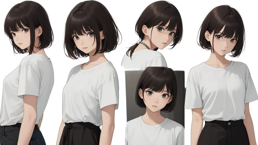 ((Masterpiece)),(((คุณpictureดีที่สุด))),(character design sheet, same character, front, side, go back), pictureประกอบ(highest resolution、different_picture)คุณpictureสูงสุด、female、Masterpiece、very detailed、semi-realistic、black short hair、dark hair、gray eyes、smooth、21 years old、Shoulder length hair、mature、young、upper body、t-shirt、standing shirt、exquisite face、Facial features、look at the audience、Plain white background