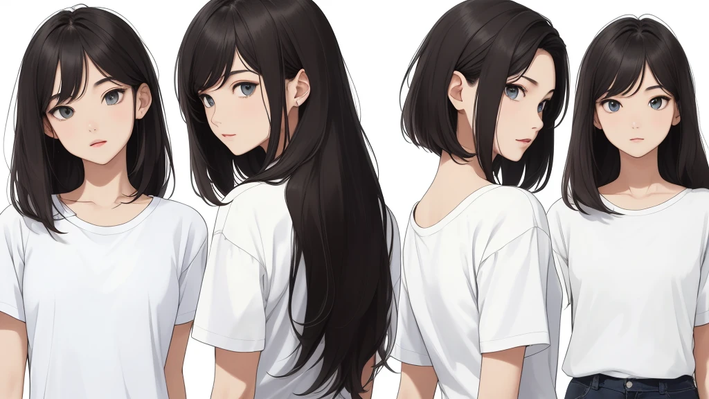 ((Masterpiece)),(((คุณpictureดีที่สุด))),(character design sheet, same character, front, side, go back), pictureประกอบ(highest resolution、different_picture)คุณpictureสูงสุด、female、Masterpiece、very detailed、semi-realistic、black short hair、dark hair、gray eyes、smooth、21 years old、Shoulder length hair、mature、young、upper body、t-shirt、standing shirt、exquisite face、Facial features、look at the audience、Plain white background