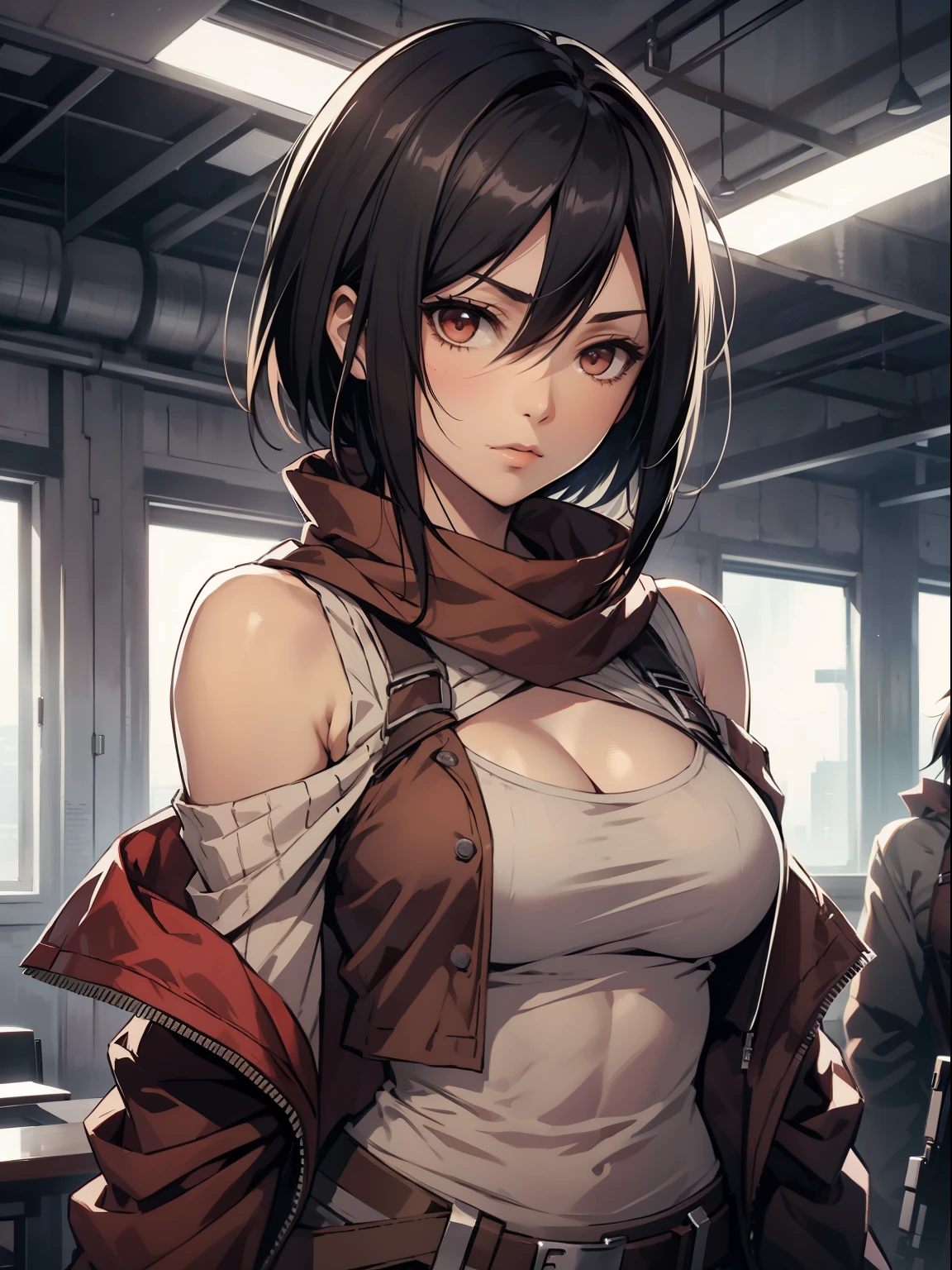 Mikasa_ackerman,solo person,byself,Off-the-shoulder clothing,muscline,cleavage,nabel,open waist,Abs,Vest line,Off-the-shoulder attire,