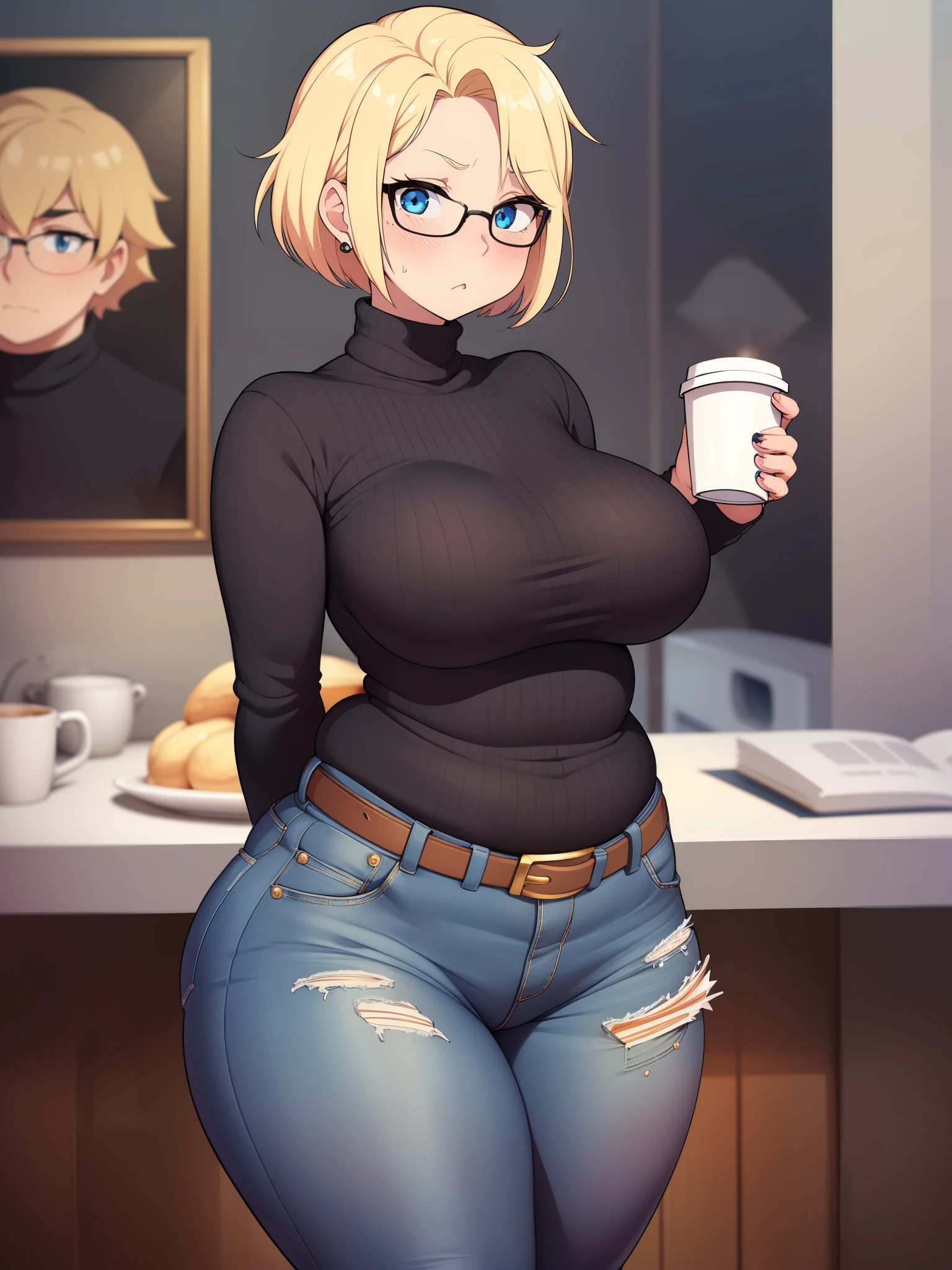 ((Masterpiece)), perfect anatomy, perfect shading, field of depth, (best quality), extremely delicate and beautiful, perfect lighting, detailed face, ultra cute face, cute, (cowboy shot 1.2), full body, (((1girl))), ((solo)), looking at viewer,
short hair, fluffy hair, blonde hair, blue eyes, Glasses, ((blush)), shy, nervous, embarrassed, (black turtleneck sweater 1.5), (jeans 1.2), belt, extremely tight clothes, medium breasts, ((wide hips)), ((thick thighs)), fat ass, ((chubby)),
coffee shop, intricate background, detailed background, hand on hip, holding coffee cup,