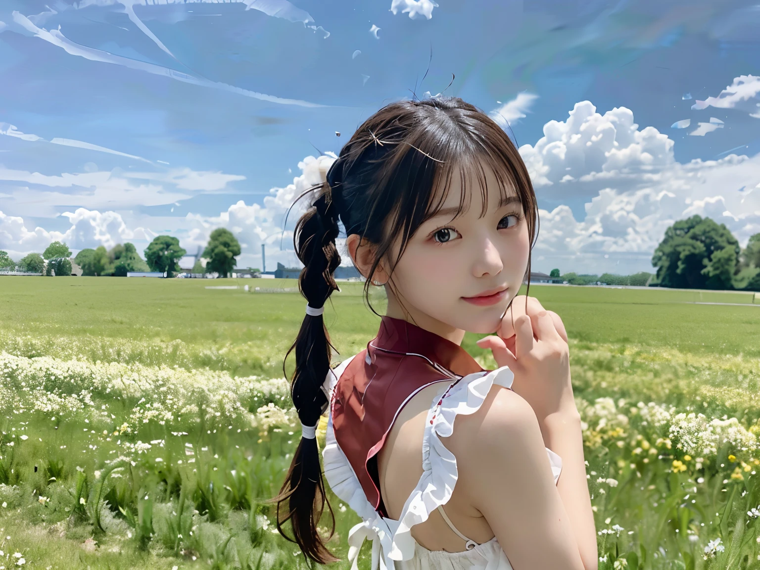 (Close-up portrait of one girl with slender small breasts with pigtailed hair in white frilly dress:1.5)、(Girl looking at the camera from behind with her finger on her mouth:1.3)、(Green meadow with blue sky and white clouds floating :1.3)、(perfect anatomy:1.3)、(full hand:1.3)、(full finger:1.3)、Photoreal、Raw photo、masterpiece、highest quality、high resolution、delicate and beautiful、perfect face、detailed and beautiful eyes、Fair skin、real human skin、pores、((thin legs))、(black hair)