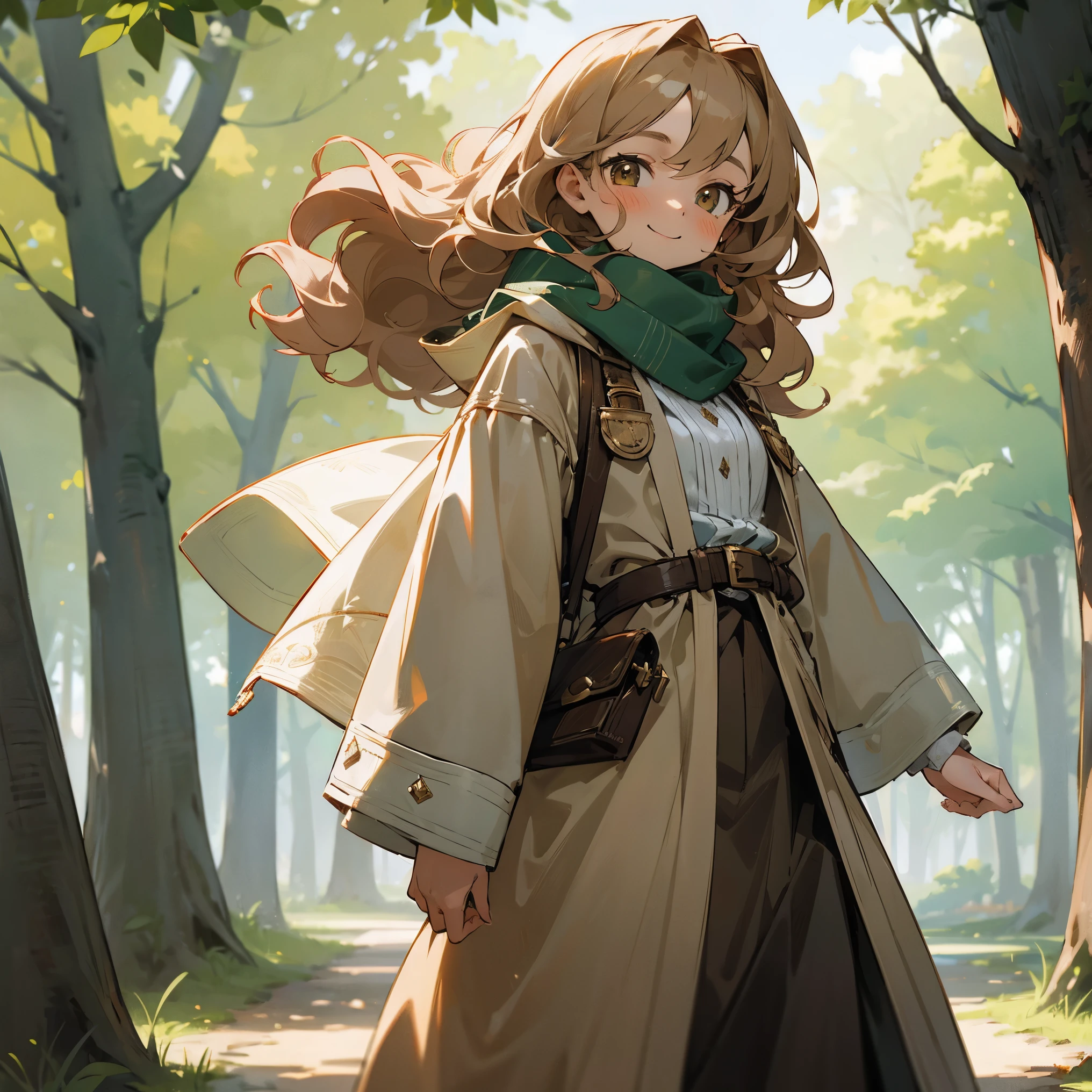 1female, , medium wavy hair, light brown colored hair, finely detailed emerald eyes, stylish clothes, hood, bandolier across chest, scarf, forest, walking down path, confident smile, blush