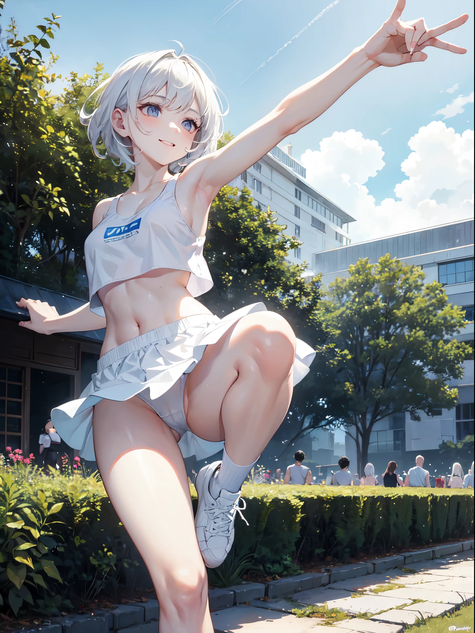 1 girl, (alone:1.2), ((masterpiece)), Slim, , pale skin, ((delicate eyes)), (bokeh effect), sweating, (dynamic angle), running, white hair, short hair, bare shoulders,Lilu's collarbone, armpit, (External), Smile, garden, sports, thong,sports shoes,White knee socks,running,Crowds of people,b cup,White tube top underwear,high resolution,Super detailed,marks of strangulation