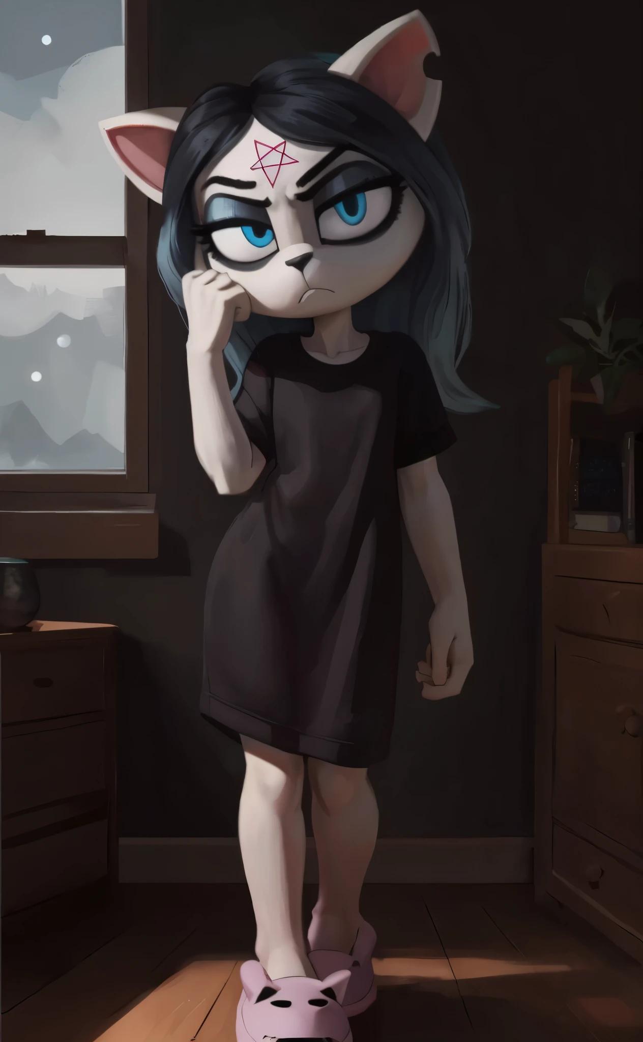 [Claire], [the summoning], [Uploaded to e621.net; (Pixelsketcher), (wamudraws)], ((masterpiece)), ((HD)), ((high res)), ((solo portrait)), ((full body)), ((front view)), ((feet visible)), ((furry; anthro)), ((detailed fur)), ((detailed soft shading)), ((beautiful render art)), {anthro; (slim figure), white fur, black nose, (cat snout), (cat ears), (cut on left ear), long blue hair, (bang over left eye), (pink pentagram on forehead), (cute blue eyes), (half-closed eyes), (short eyelashes), (indigo eyeshadow), (curvy hips), (beautiful legs), (intimidating glare), (frown), (bored expression)}, {(long black baggy tee shirt), (fluffy pink slippers)}, {(standing), (hand in hair), (looking at viewer)}, [background; (living room), (window), (woods), (nighttime), (starry sky), (ambient lighting)]