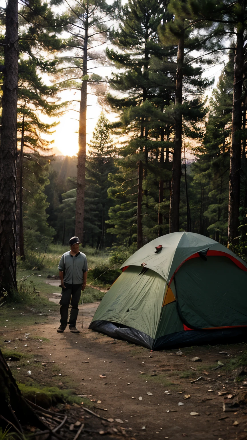 a man camping in a forest with his Kombi, his dog, there is a tent outside, sunset, realistic style