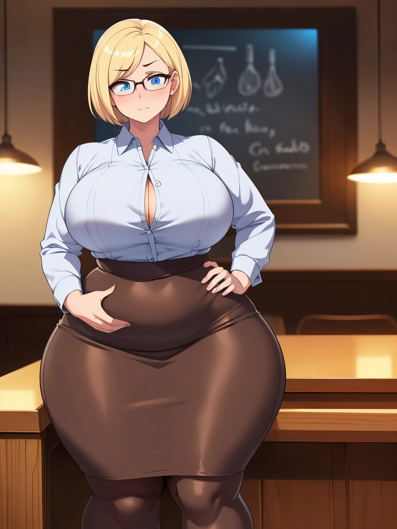 ((Masterpiece)), perfect anatomy, perfect shading, field of depth, (best quality), extremely delicate and beautiful, perfect lighting, detailed face, ultra cute face, cute, (cowboy shot 1.2), full body, (((1girl))), ((solo)), looking at viewer,
short hair, fluffy hair, blonde hair, blue eyes, Glasses, ((blush)), shy, nervous, embarrassed, (dress shirt 1.5), (pencil skirt 1.2), extremely tight clothes, medium breasts, ((wide hips)), ((thick thighs)), fat ass, ((chubby)),
coffee shop, intricate background, detailed background, hand on hip, holding coffee cup,