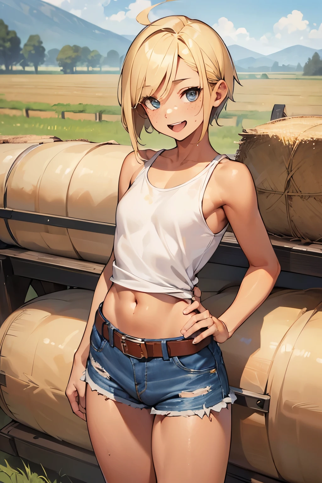 (((SHARP detail perfect face))), (flat chest), (nice hips), detailed skin, ((masterpiece)), best quality, (SHARP details), 4k, (((femboy))), (((farm))), (loose (white tank top)), ((blonde hair)), sweat, (trap), amber eyes, looking at viewer, (short hair), ((((bulge)) in (denim shorts)), (hay), smiling, open mouth, outdoors, solo, ((asymmetric hair)), ((farmboy)), freckles, tanned, (nice butt), stable, (leather belt), (nice hips),
